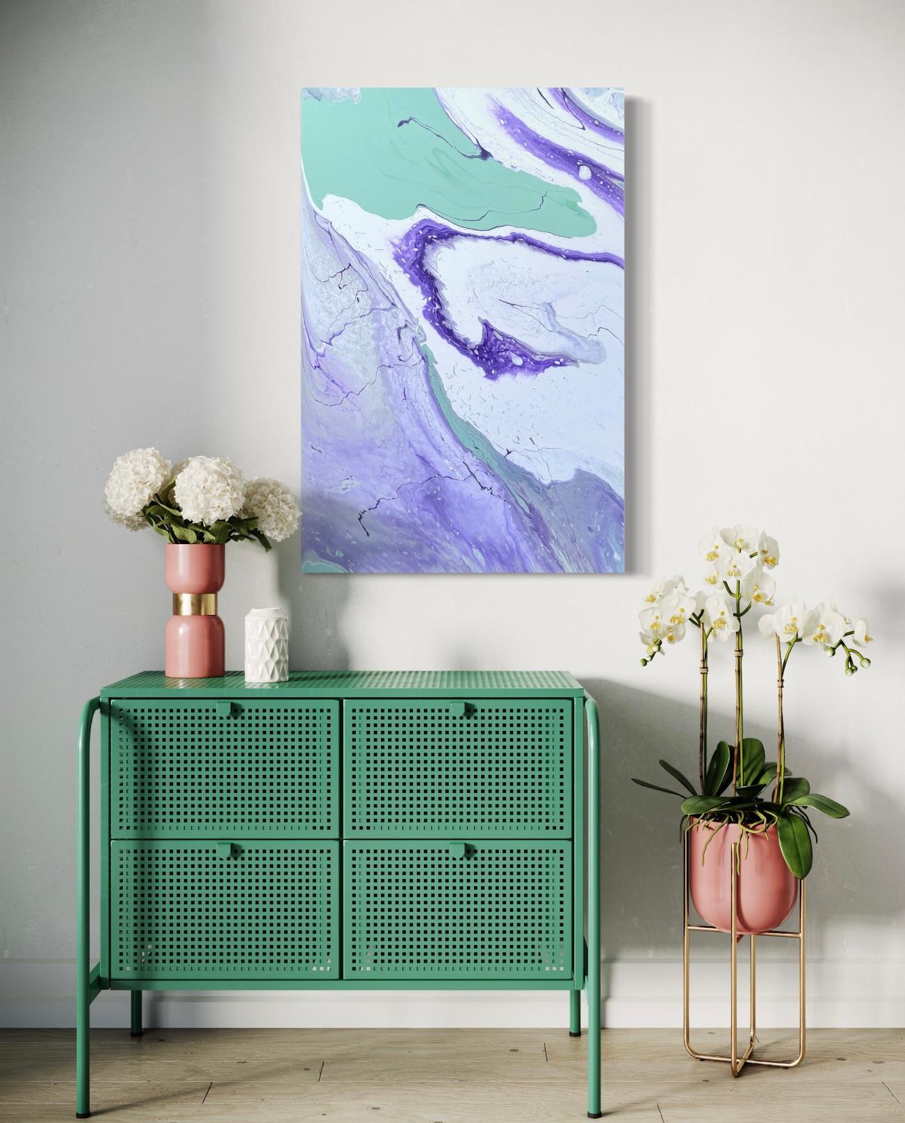 'Incoming Tide' by Lori Poncsak - Vibrant Purple and Green Marble Abstract For Sale 1