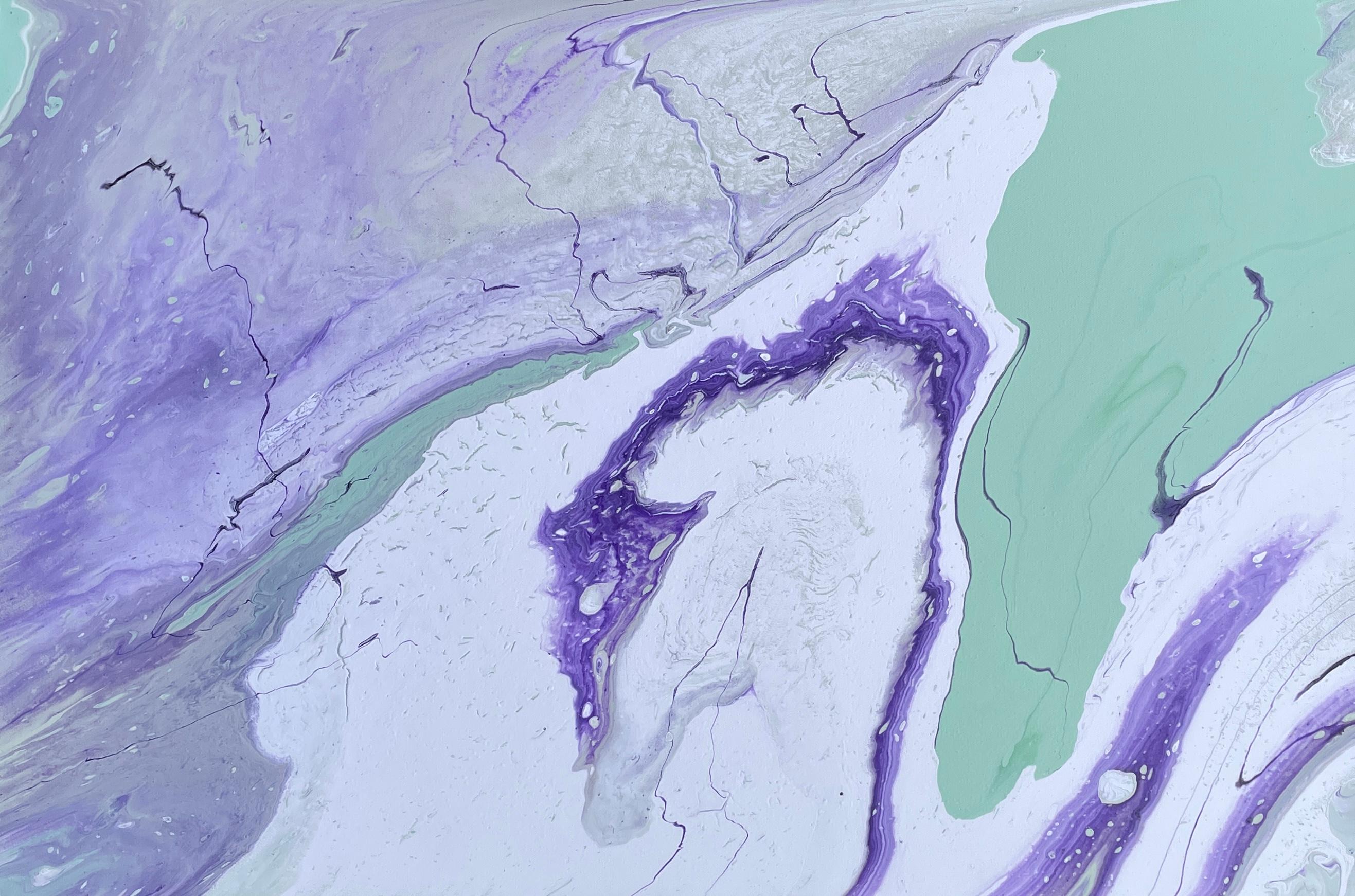 'Incoming Tide' by Lori Poncsak - Vibrant Purple and Green Marble Abstract For Sale 2