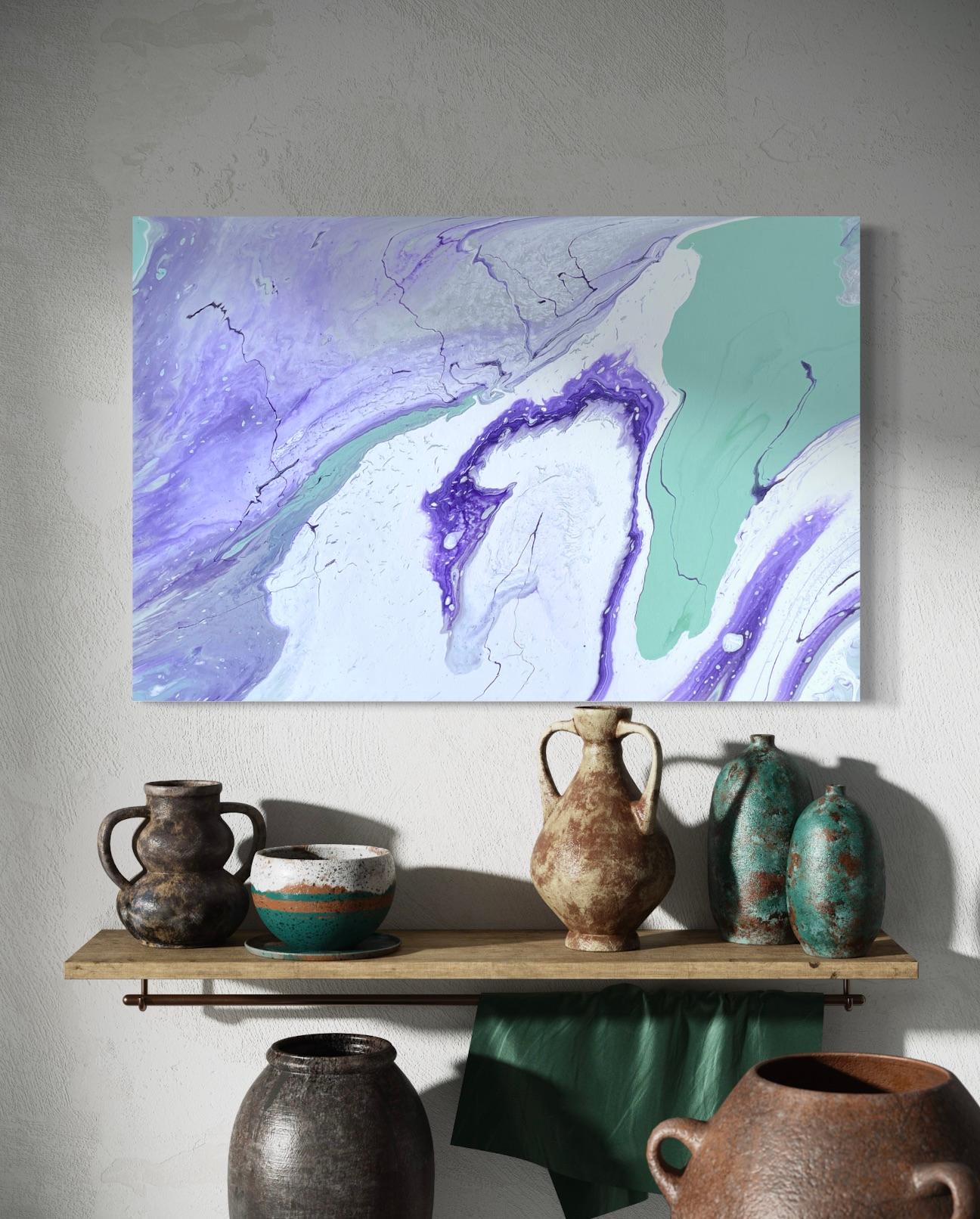 'Incoming Tide' by Lori Poncsak - Vibrant Purple and Green Marble Abstract For Sale 3