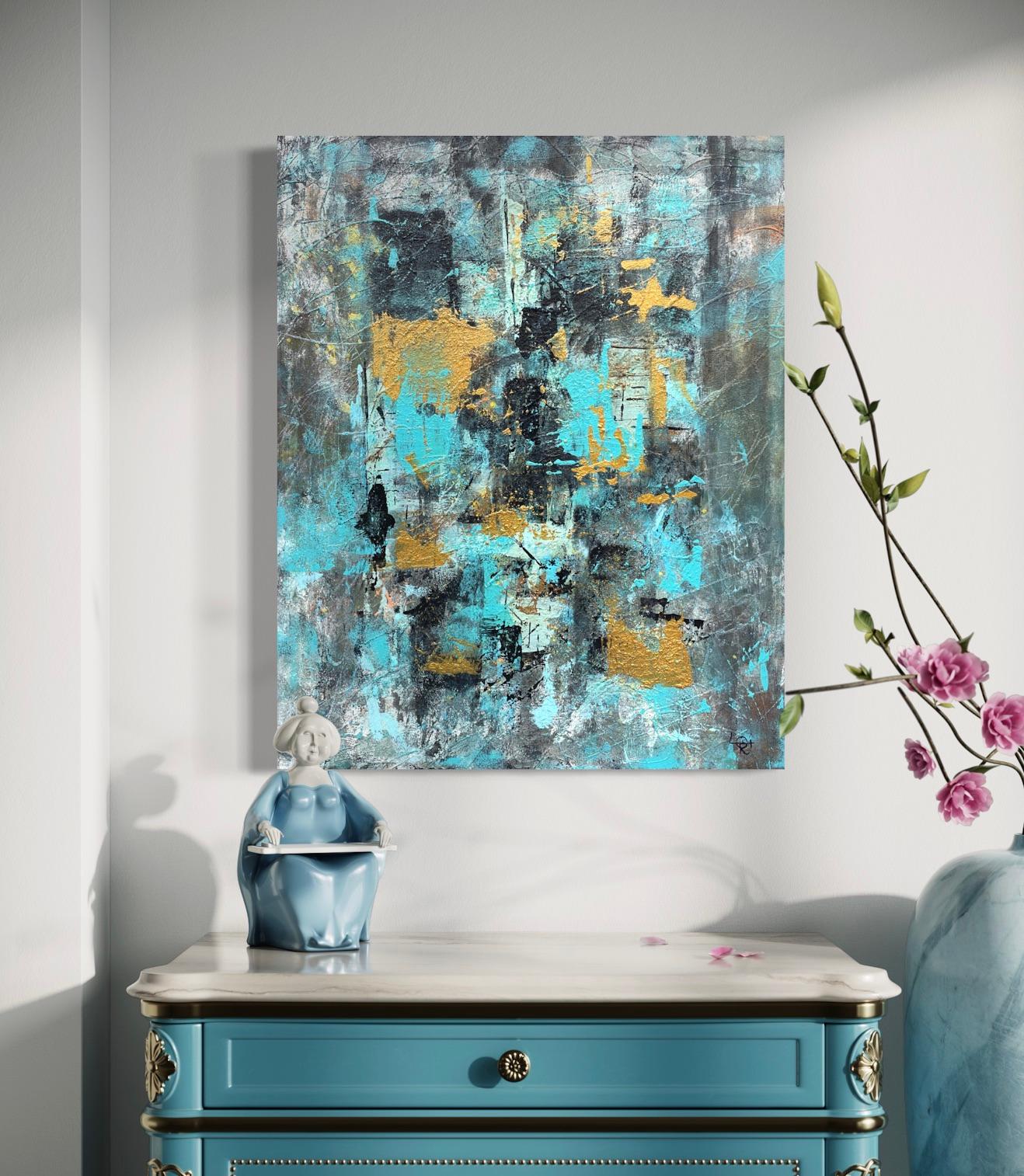 'Intervals' by Lori Poncsak - Blue and Gold Textured Abstract Expressionism For Sale 1