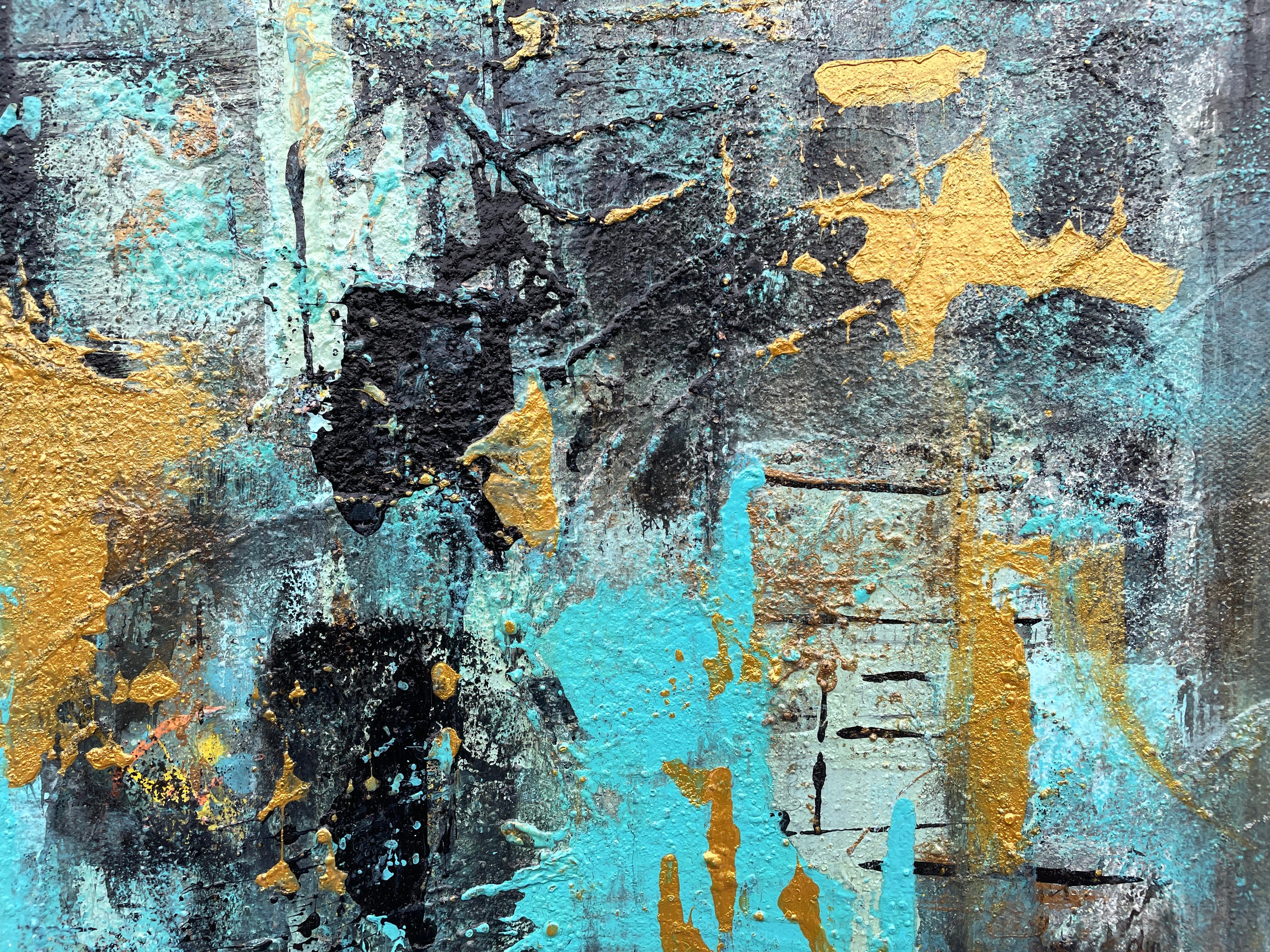 'Intervals' by Lori Poncsak - Blue and Gold Textured Abstract Expressionism For Sale 3