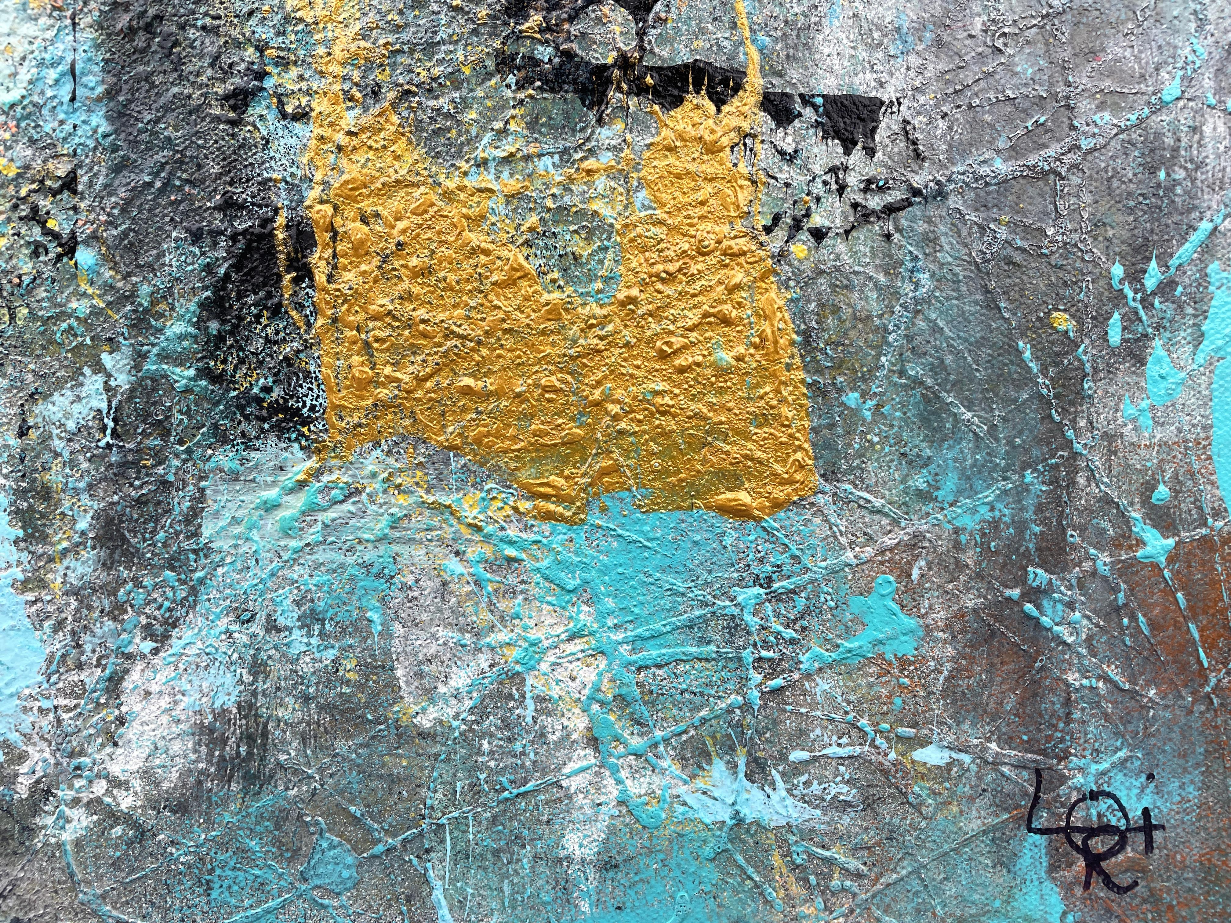 'Intervals' by Lori Poncsak - Blue and Gold Textured Abstract Expressionism For Sale 6