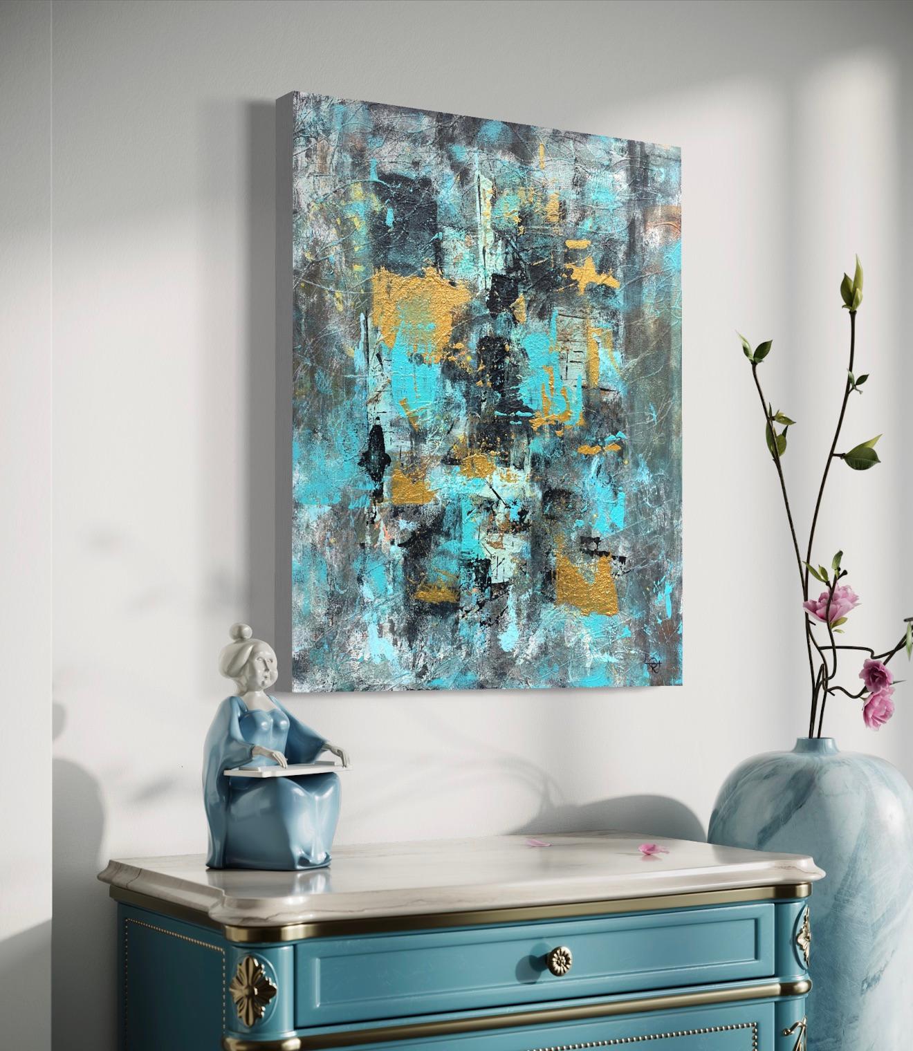 'Intervals' by Lori Poncsak - Blue and Gold Textured Abstract Expressionism For Sale 7