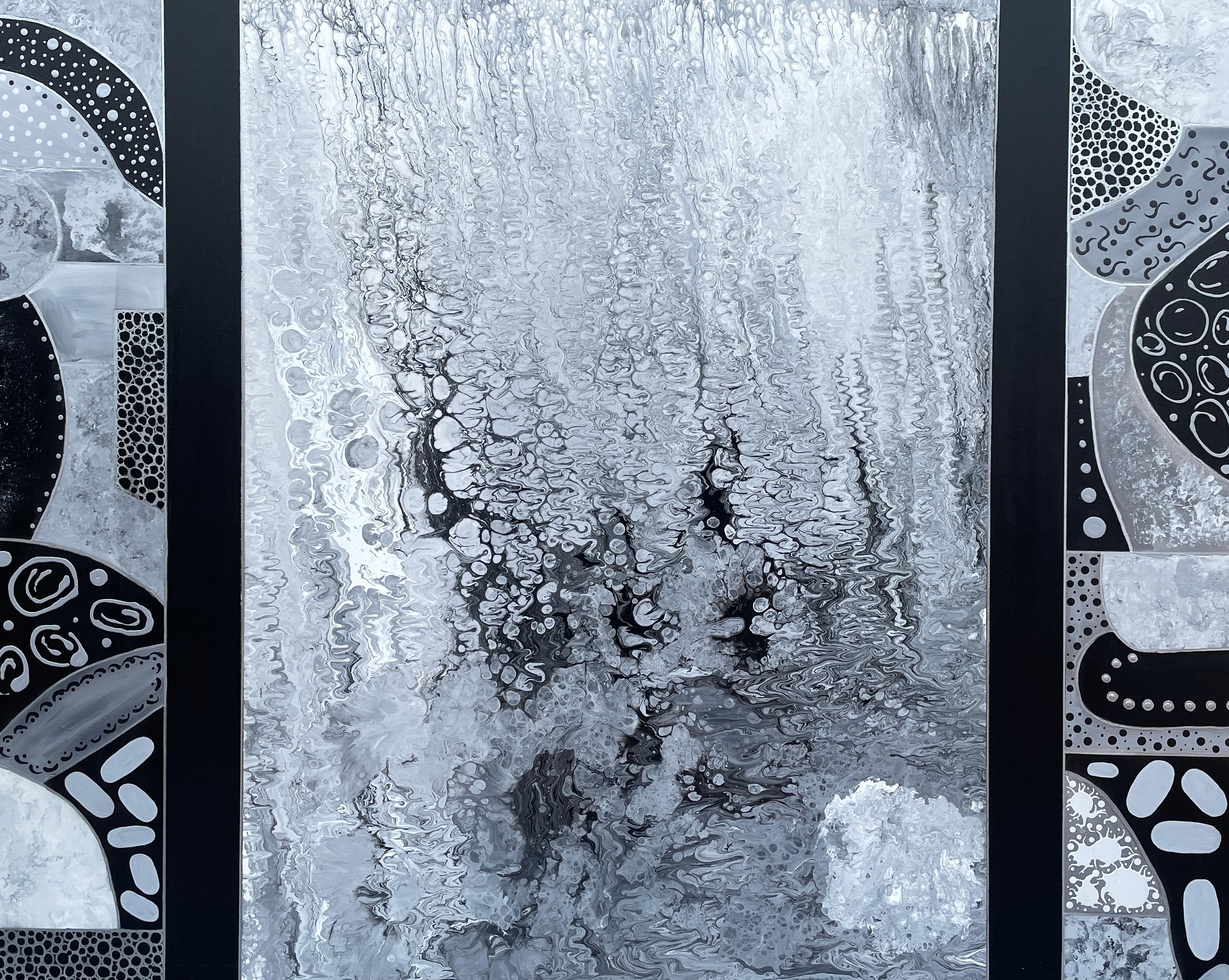 'Le Porte - The Door' by Lori Poncsak is a 48" x 60" abstract acrylic on canvas that delves into the intriguing interplay of form and texture. The painting is masterfully sectioned into three vertical panels, each contributing to a unified vision