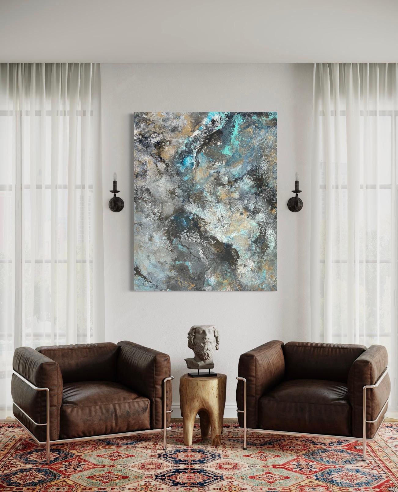 'Magic Seas' by Lori Poncsak - Silver, Gold, and Blue Large Abstract Painting For Sale 1