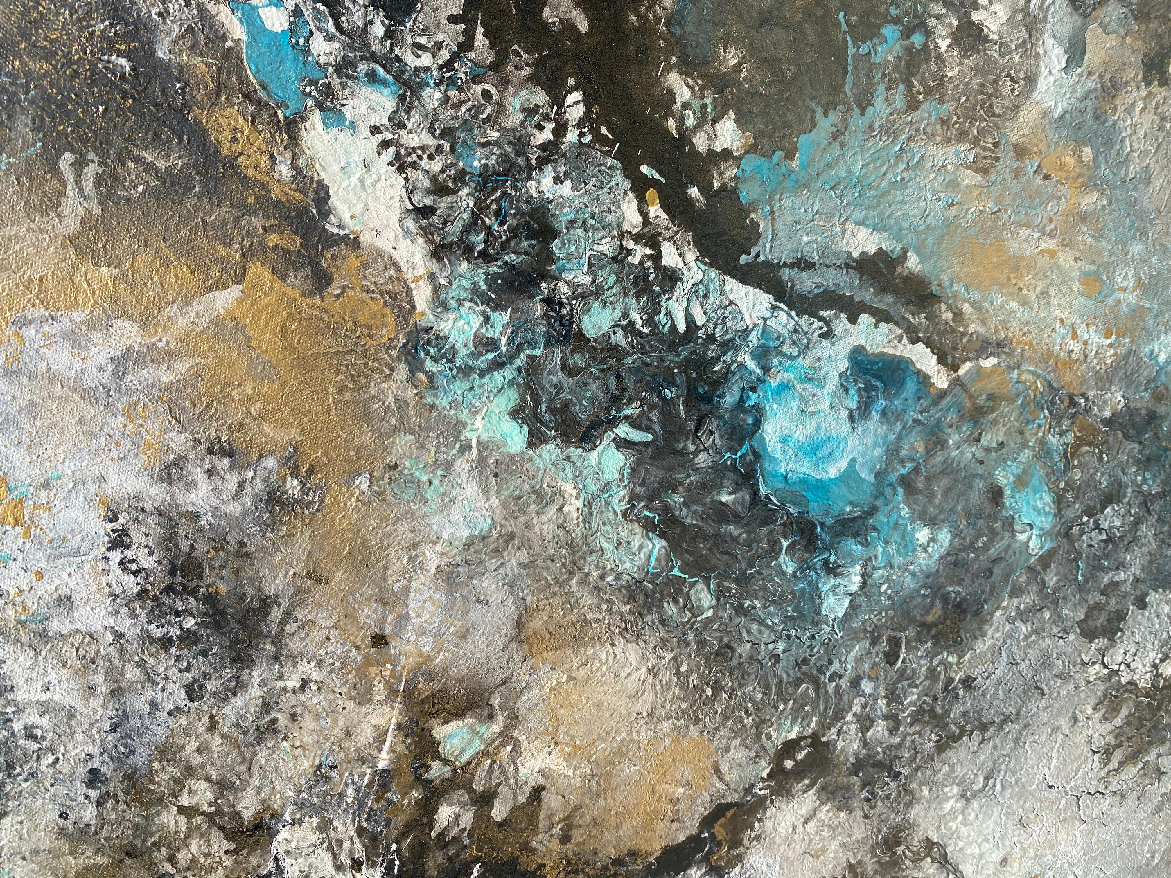 'Magic Seas' by Lori Poncsak - Silver, Gold, and Blue Large Abstract Painting For Sale 2