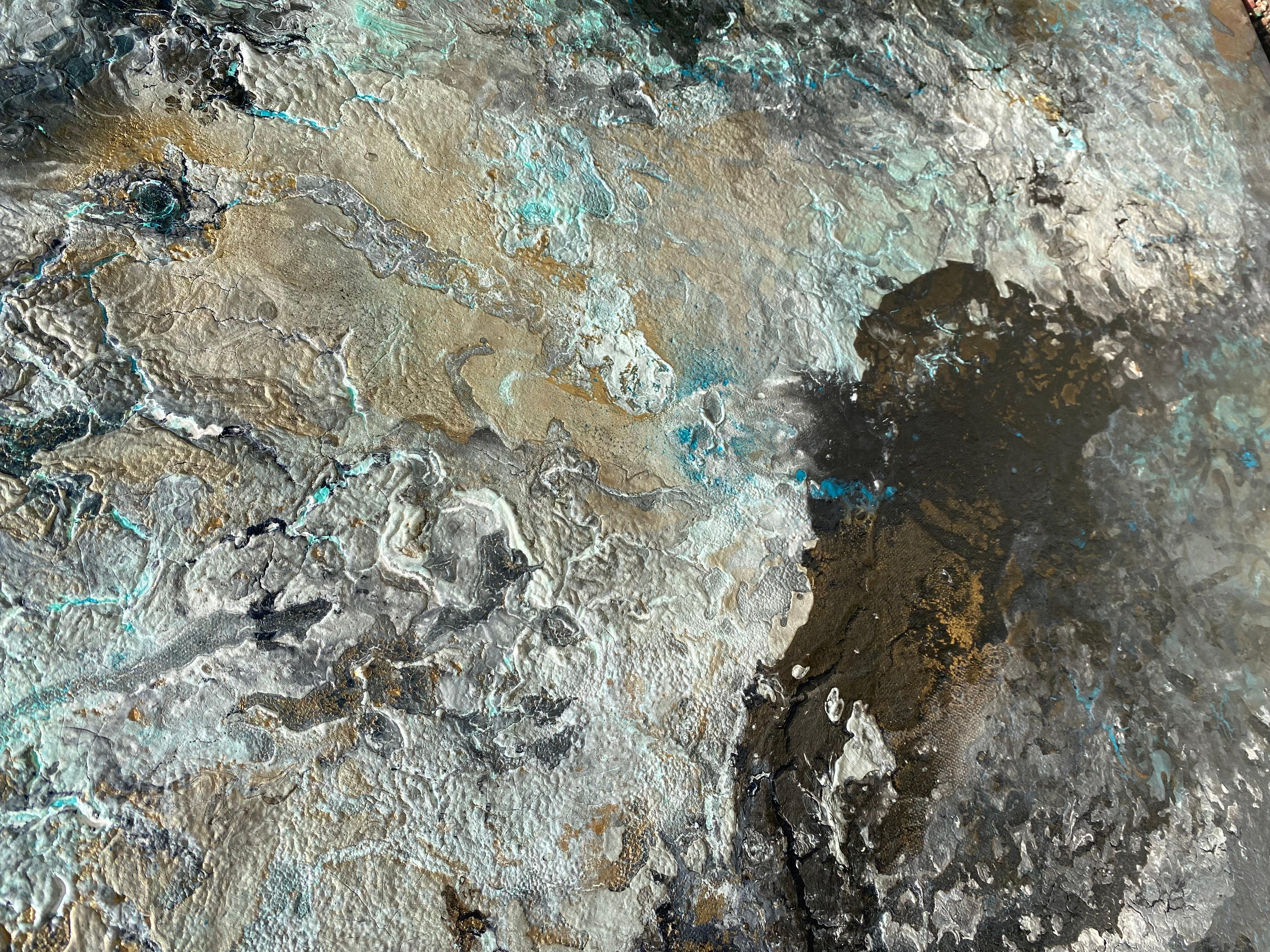 'Magic Seas' by Lori Poncsak - Silver, Gold, and Blue Large Abstract Painting For Sale 5