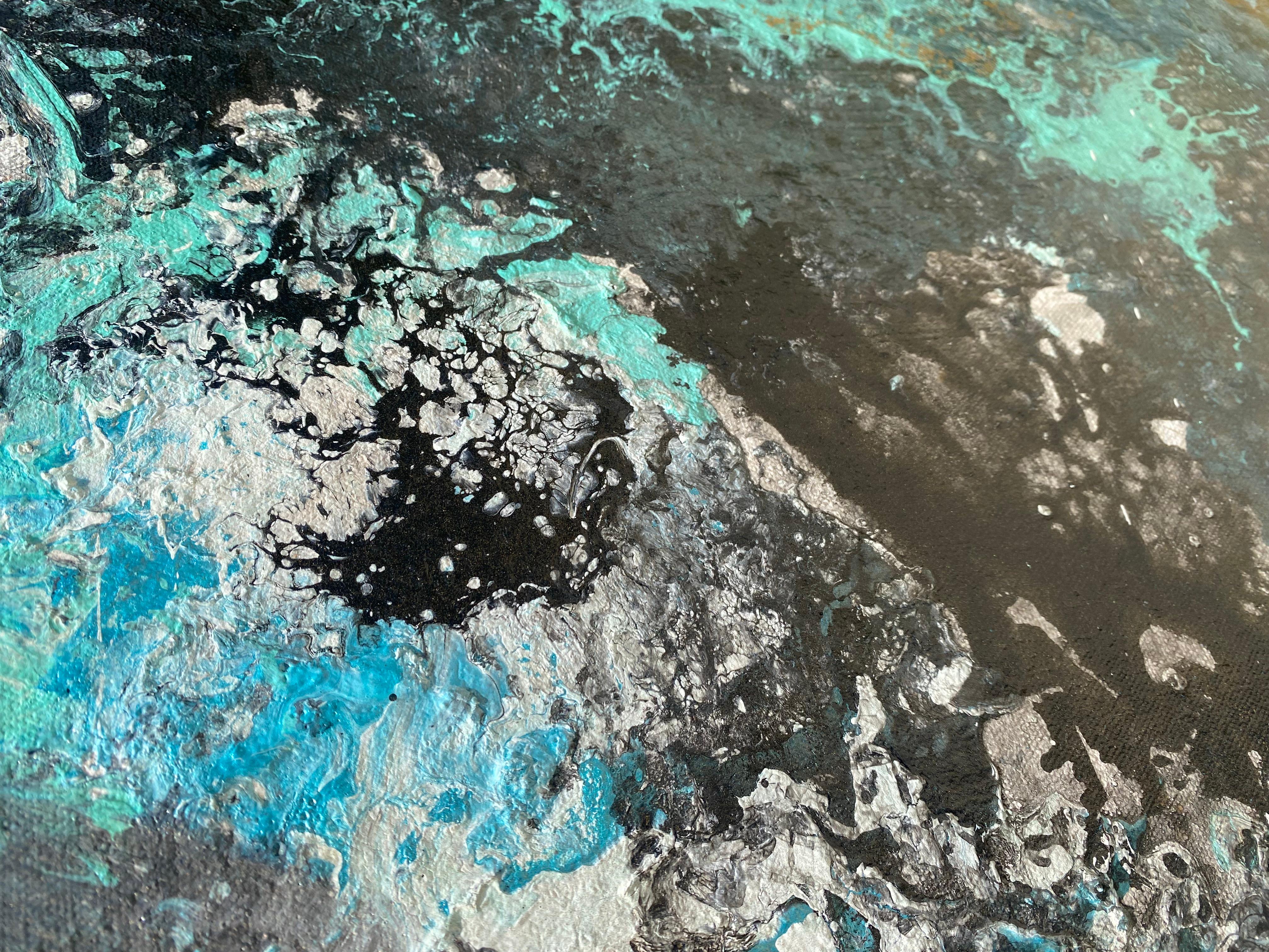 'Magic Seas' by Lori Poncsak - Silver, Gold, and Blue Large Abstract Painting For Sale 7