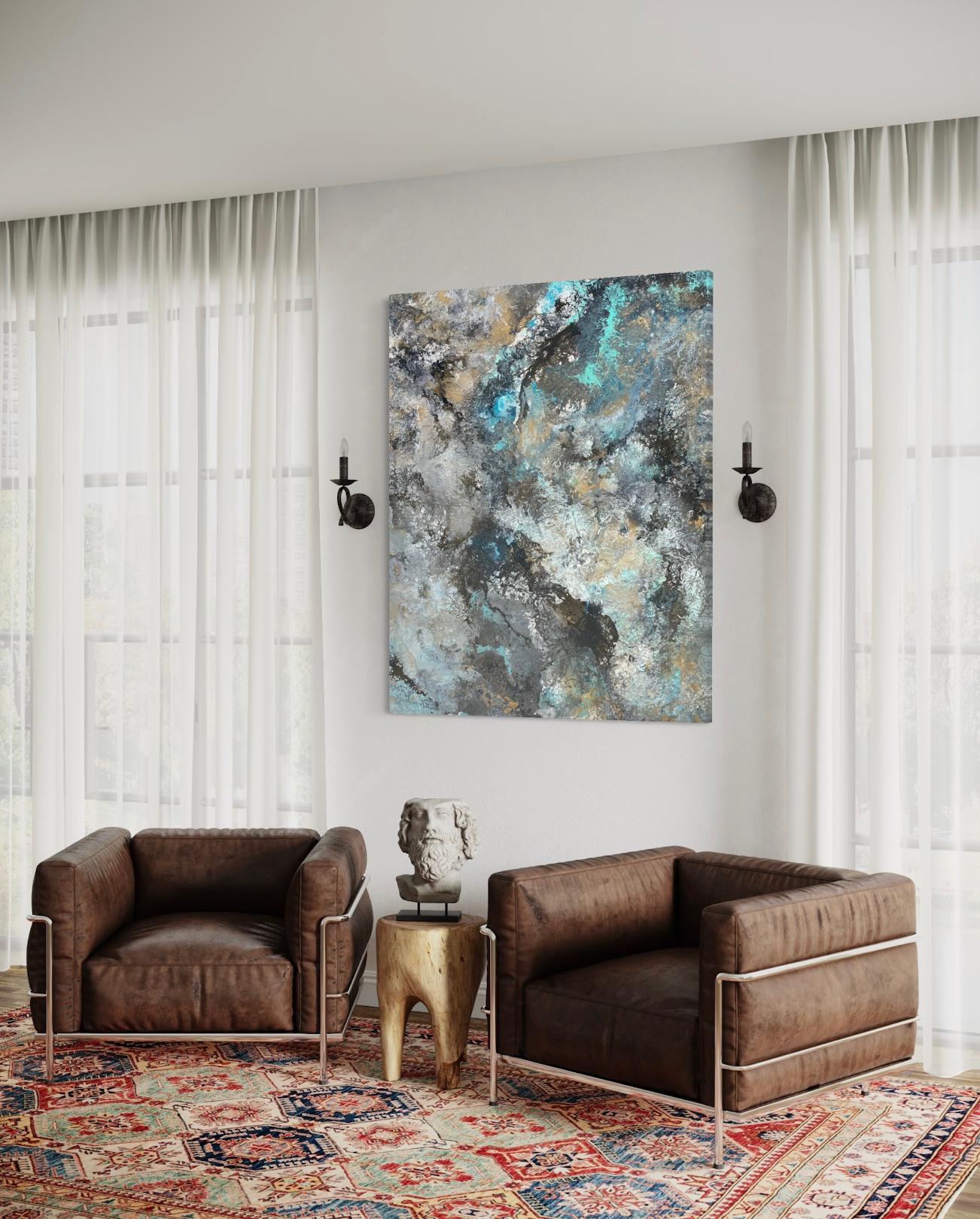 'Magic Seas' by Lori Poncsak - Silver, Gold, and Blue Large Abstract Painting For Sale 8