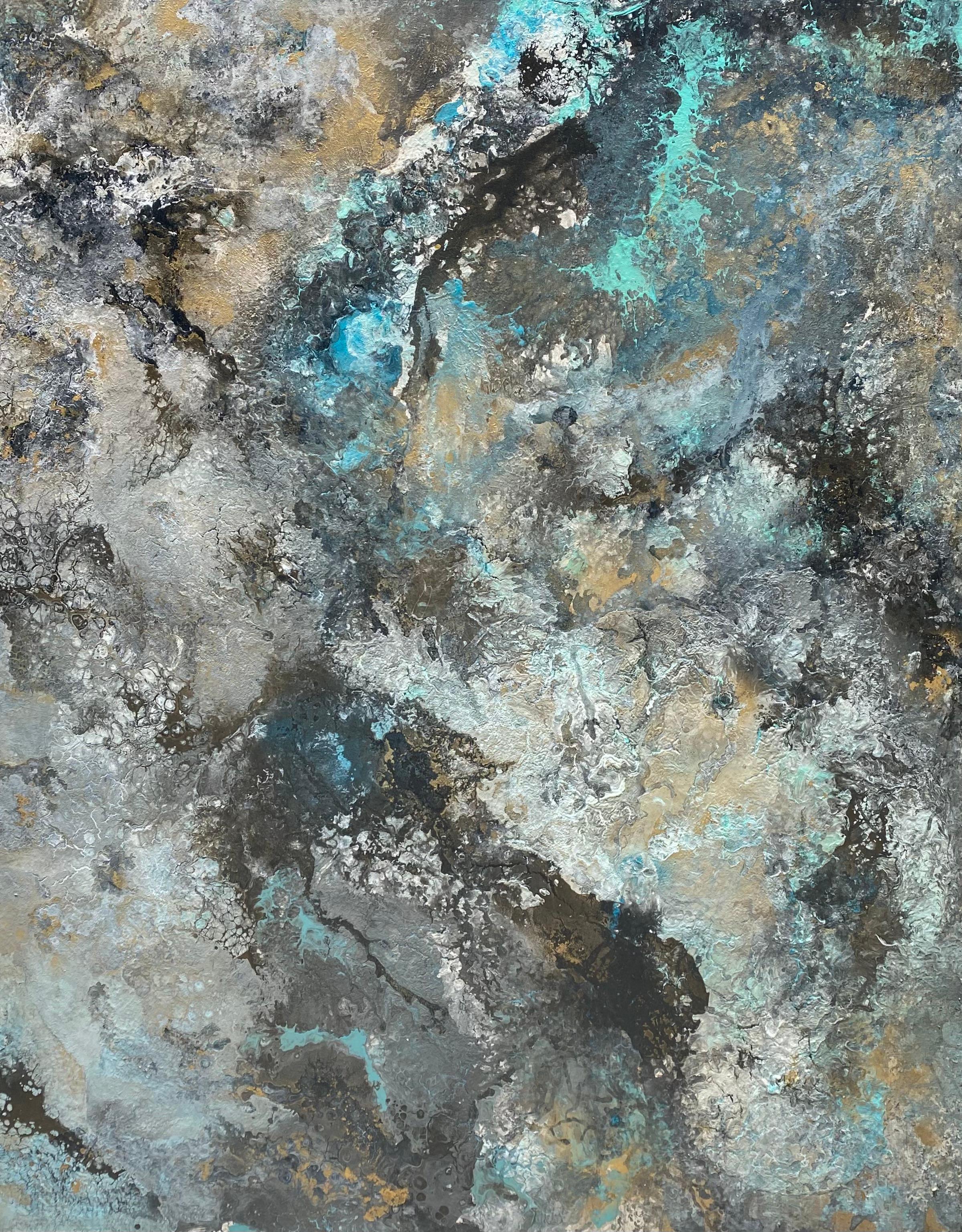 'Magic Seas' di Lori Poncsak - Quadro astratto di grandi dimensioni in argento, oro e blu