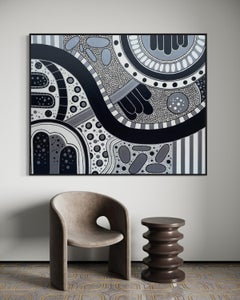 "Night Roads" - Large Modern Geometric Abstract in Black, White, and Silver