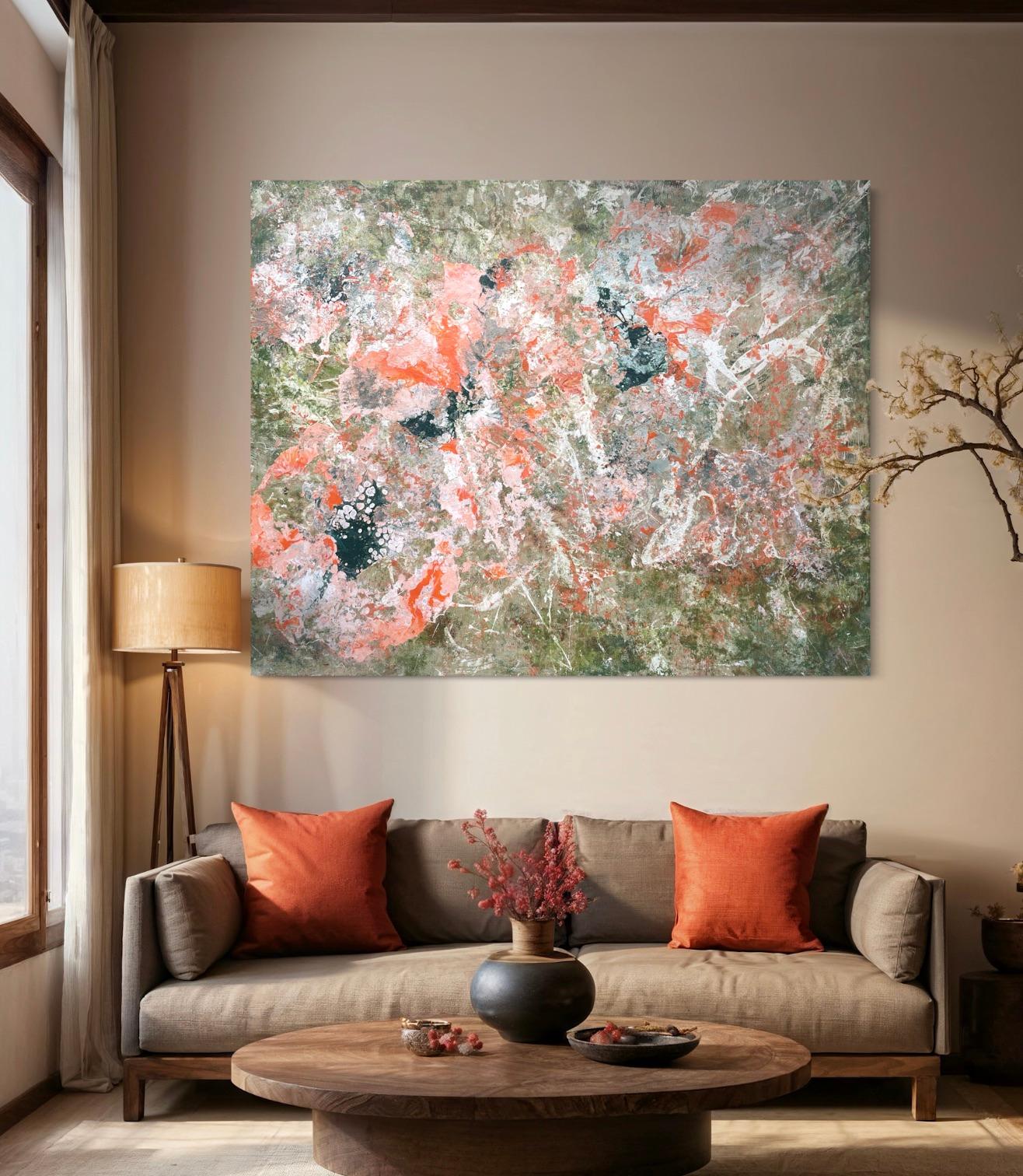 'Poppy Fields' by Lori Poncsak - Orange and Green Bright Abstract Expressionism For Sale 2