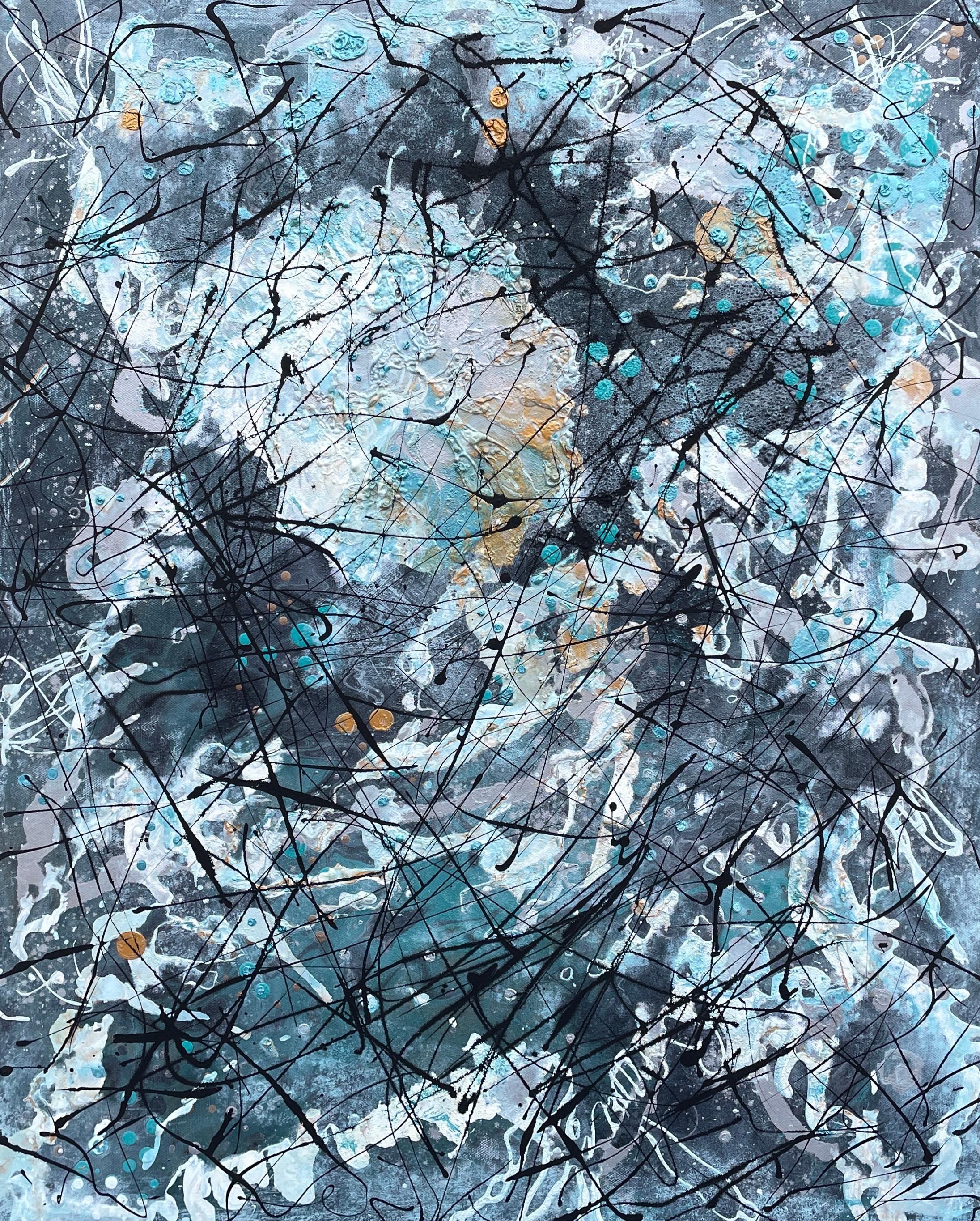 'Praying Boy' by Lori Poncsak - Blue and Gold - Textured Abstract Expressionism For Sale 3