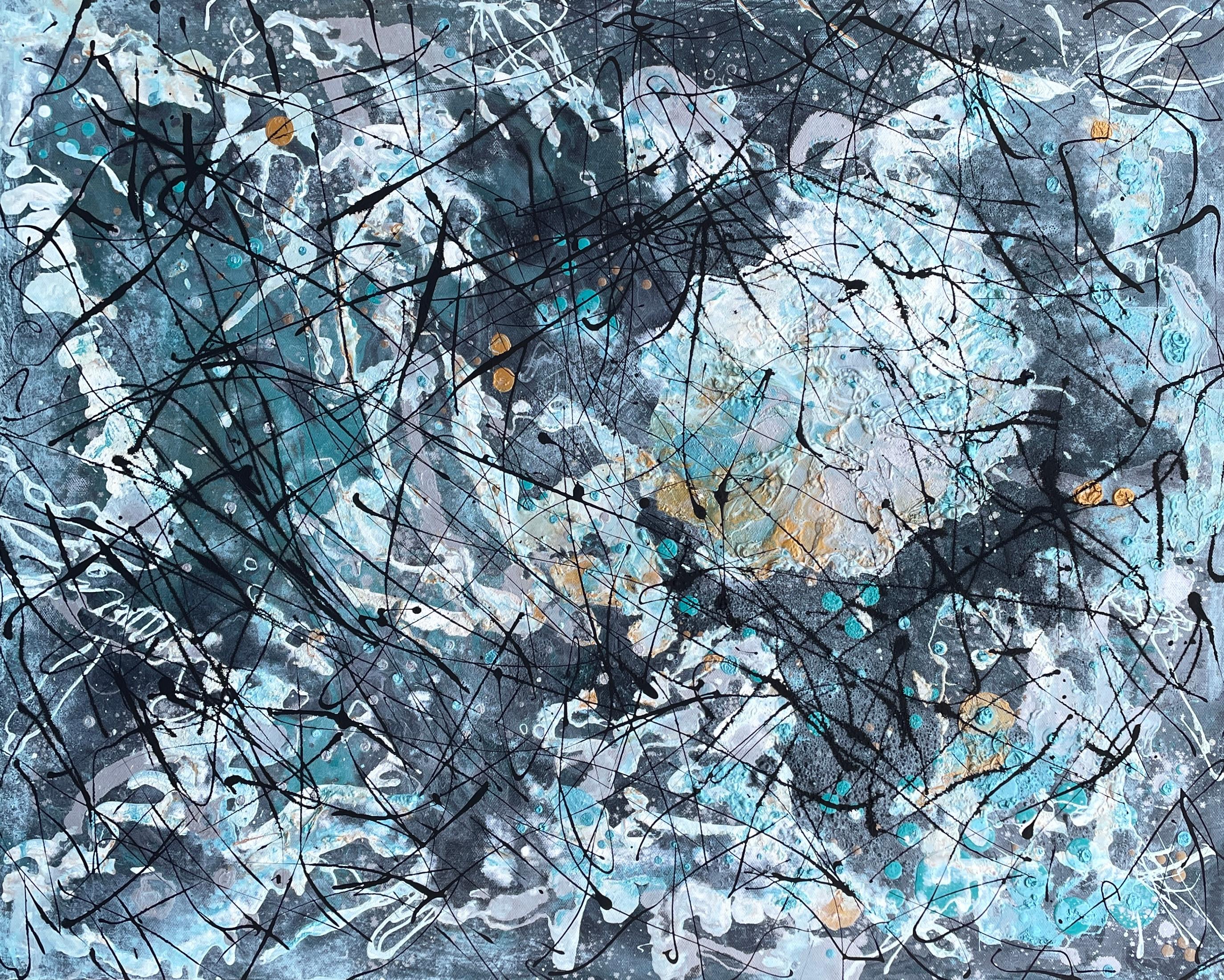 'Praying Boy' by Lori Poncsak is a compelling 24" x 30" acrylic on canvas that delves into the raw essence of abstract expressionism. The piece is dominated by a cool palette of deep blues and aquamarines, contrasted with chaotic sweeps of black and