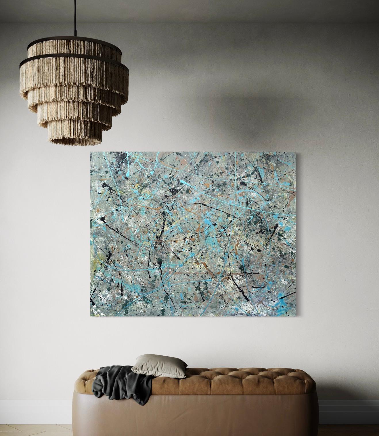'Racing Thoughts' by Lori Poncsak - Blue, Gold, and Earth Tone Modern Abstract For Sale 1