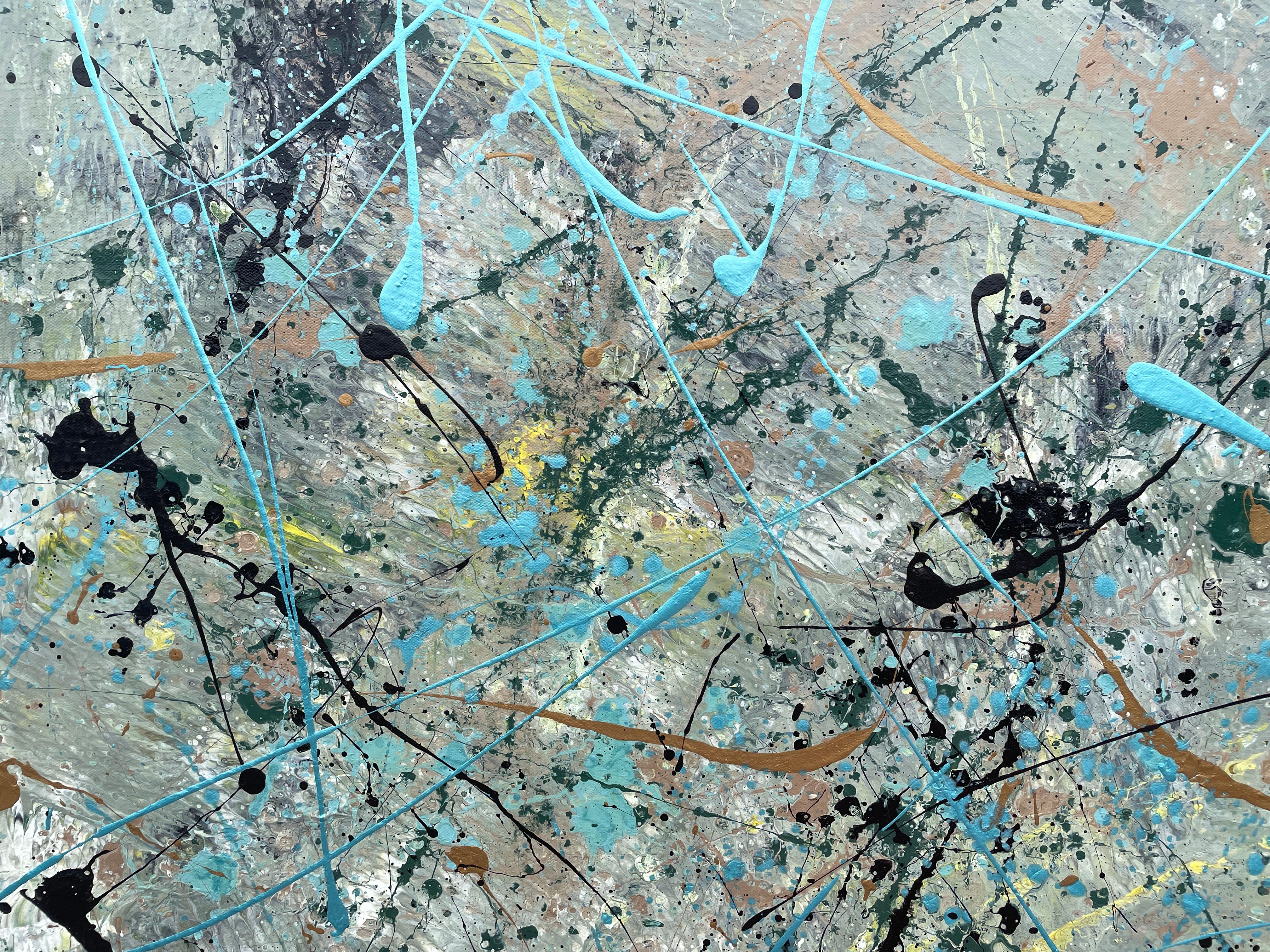 'Racing Thoughts' by Lori Poncsak - Blue, Gold, and Earth Tone Modern Abstract For Sale 2