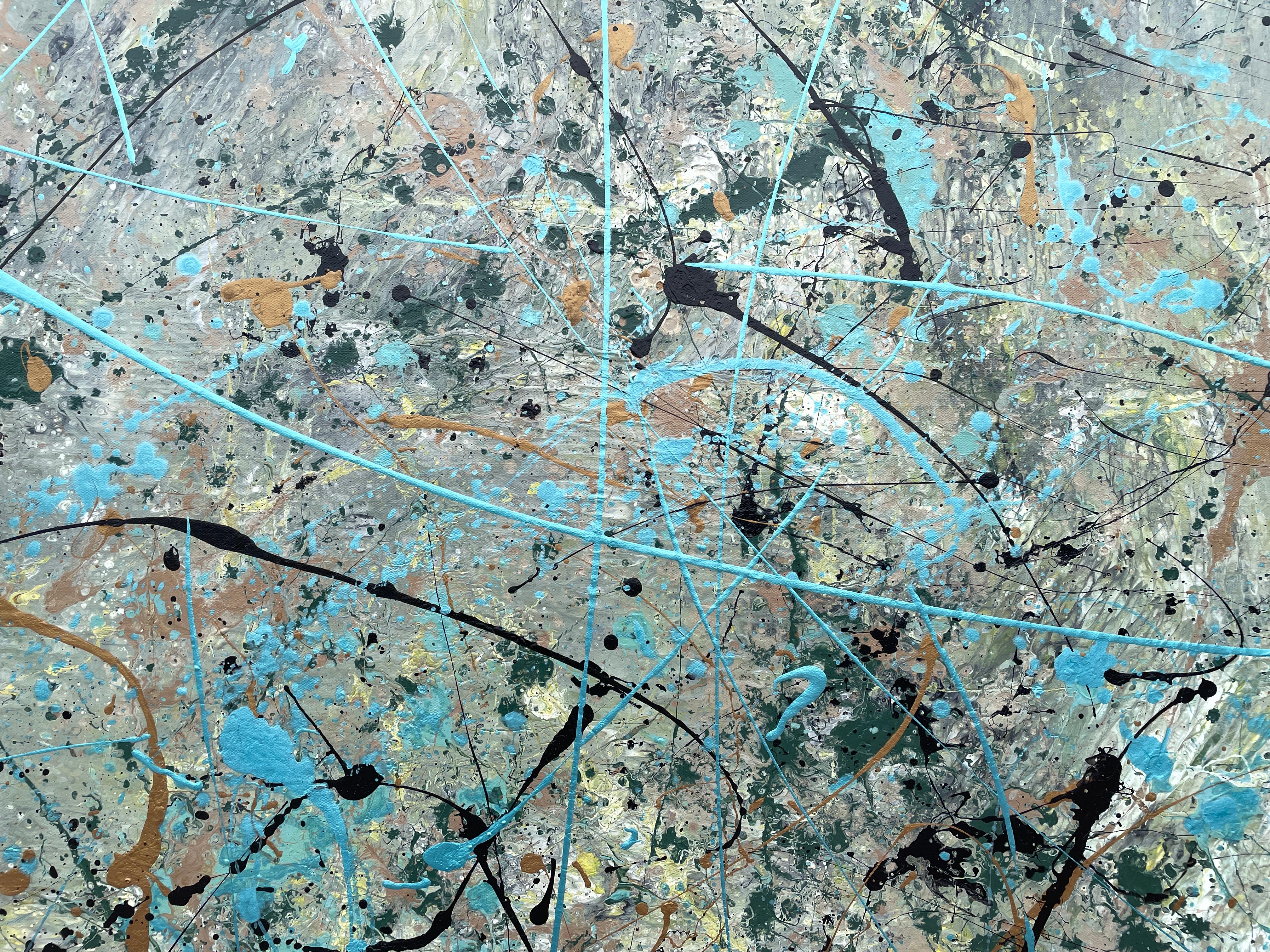 'Racing Thoughts' by Lori Poncsak - Blue, Gold, and Earth Tone Modern Abstract For Sale 3