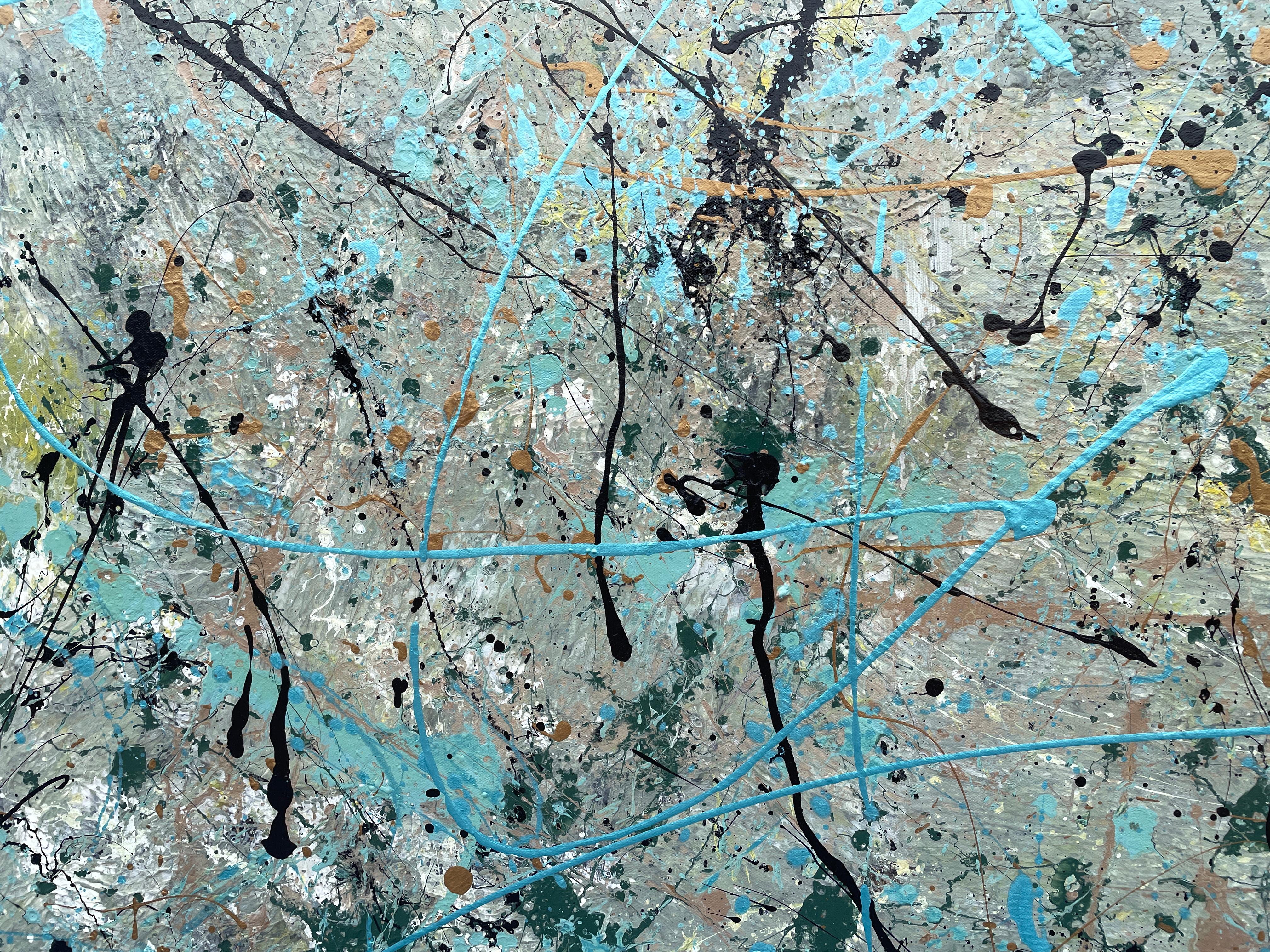 'Racing Thoughts' by Lori Poncsak - Blue, Gold, and Earth Tone Modern Abstract For Sale 4