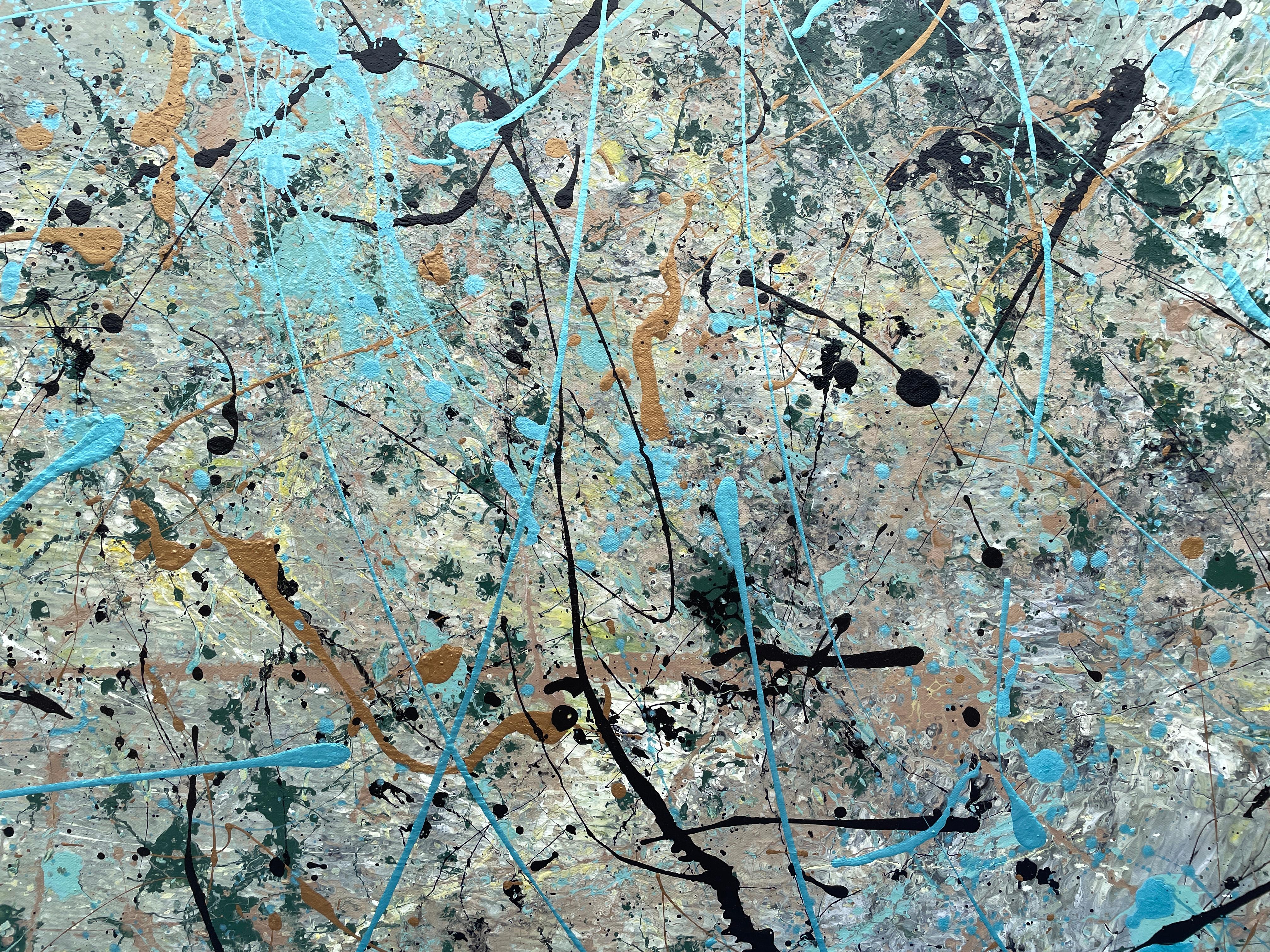 'Racing Thoughts' by Lori Poncsak - Blue, Gold, and Earth Tone Modern Abstract For Sale 5
