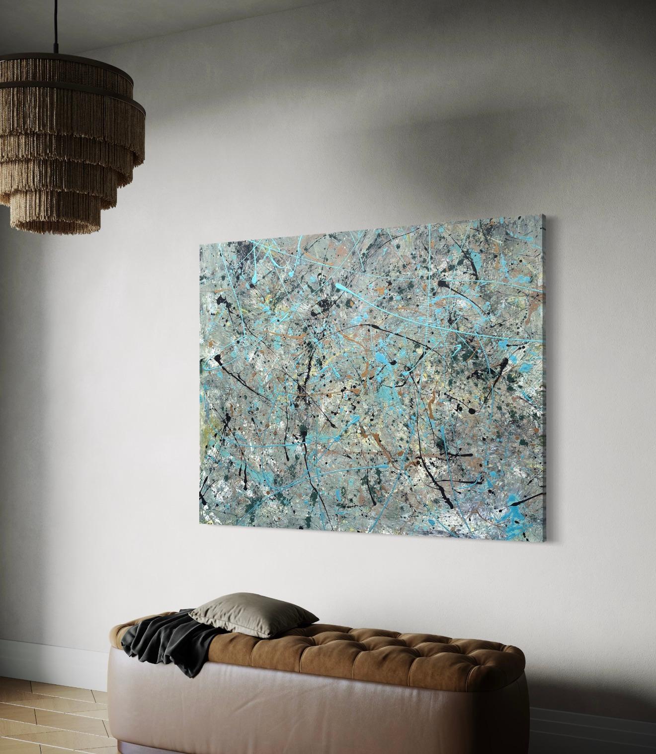 'Racing Thoughts' by Lori Poncsak - Blue, Gold, and Earth Tone Modern Abstract For Sale 6
