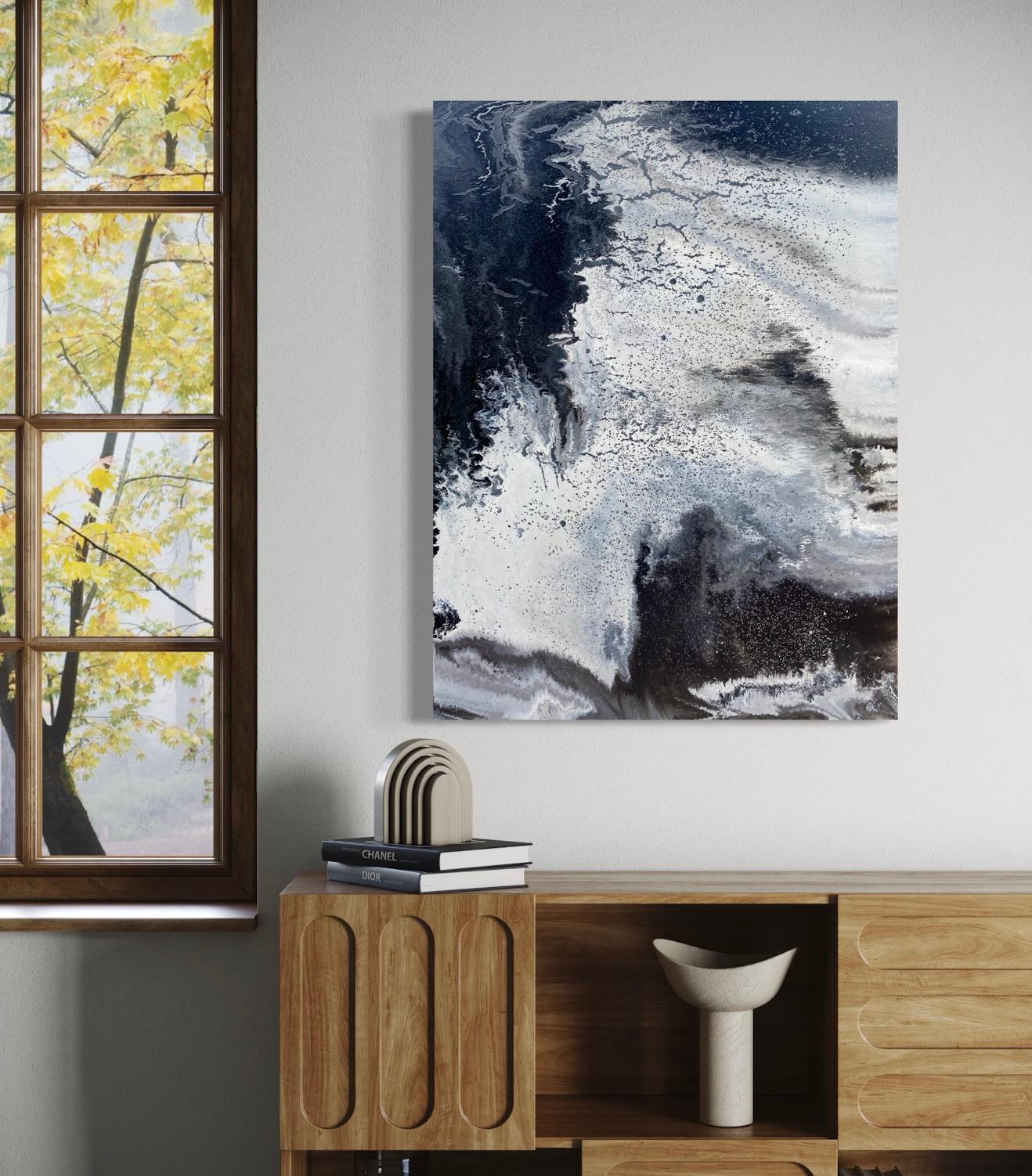 'Sea Spray' by Lori Poncsak - Black, Gray, and White Marble Abstract Painting For Sale 1