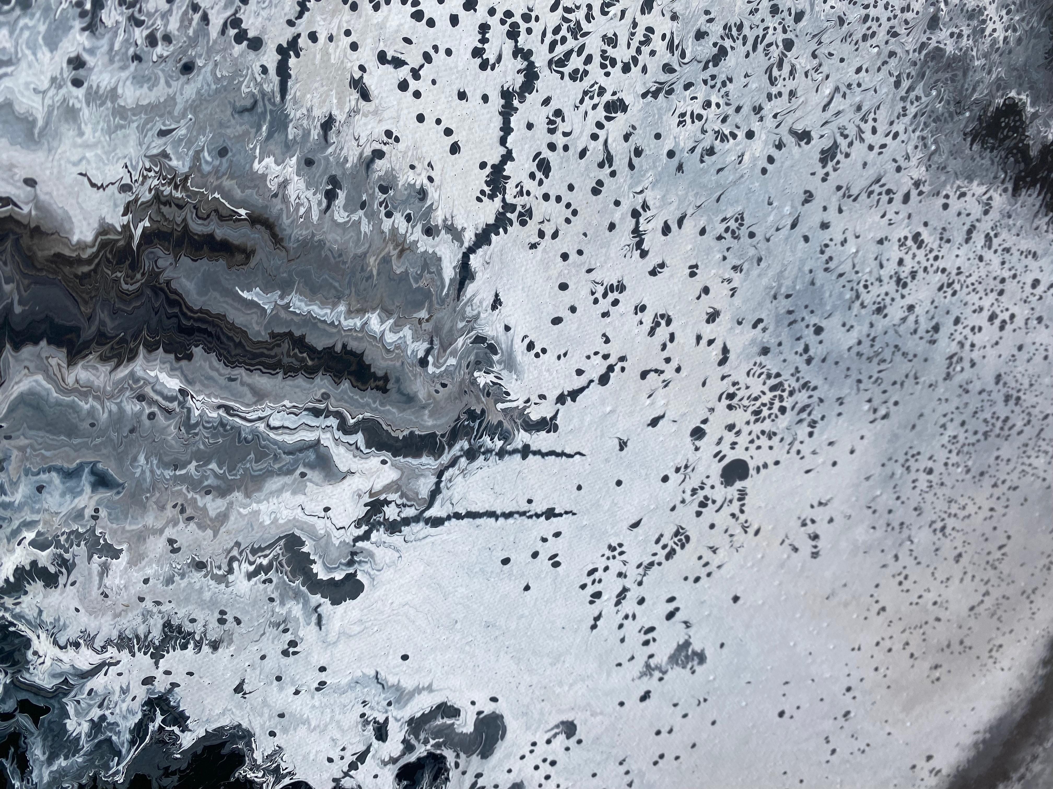 'Sea Spray' by Lori Poncsak - Black, Gray, and White Marble Abstract Painting For Sale 5