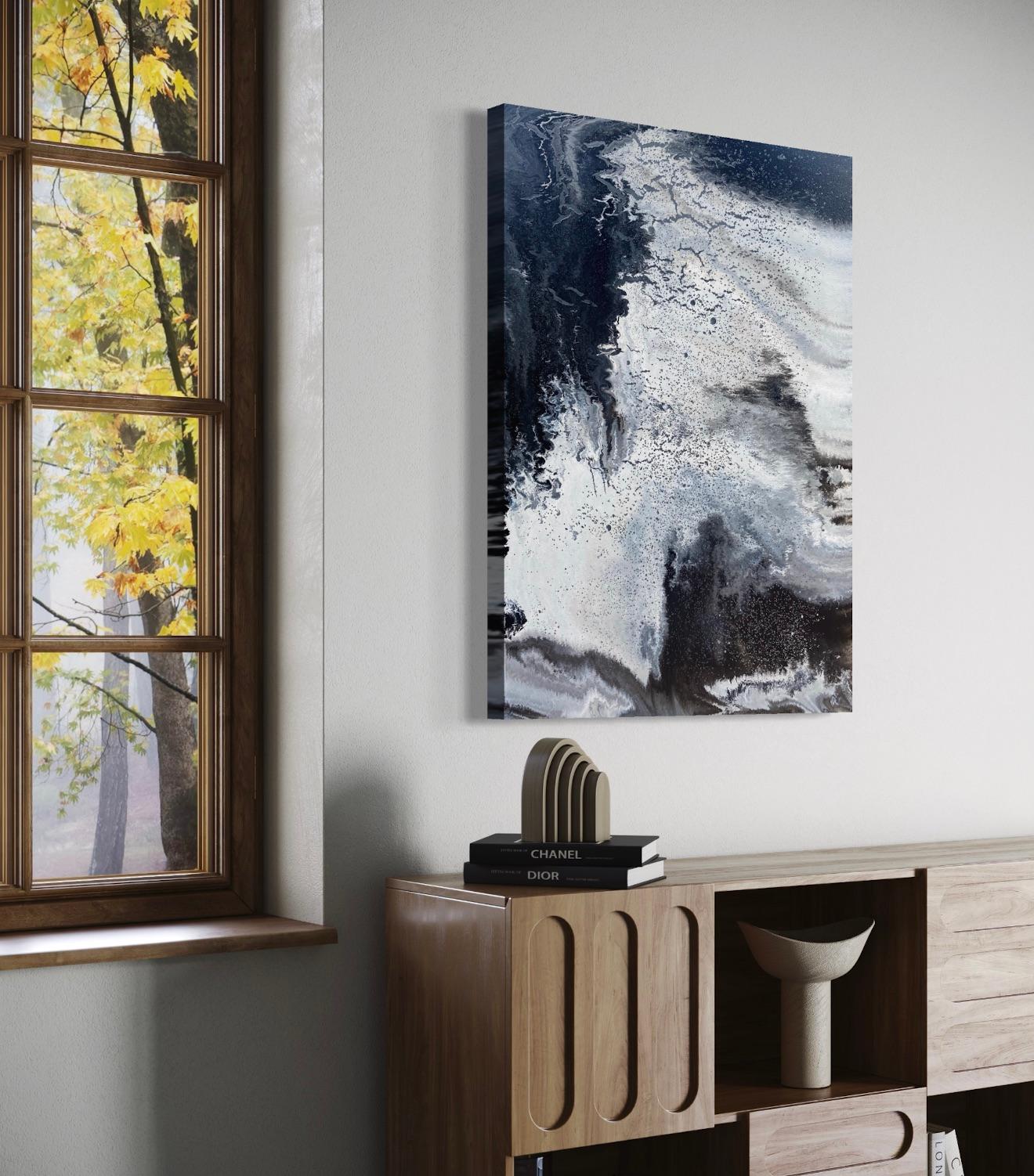 'Sea Spray' by Lori Poncsak - Black, Gray, and White Marble Abstract Painting For Sale 7