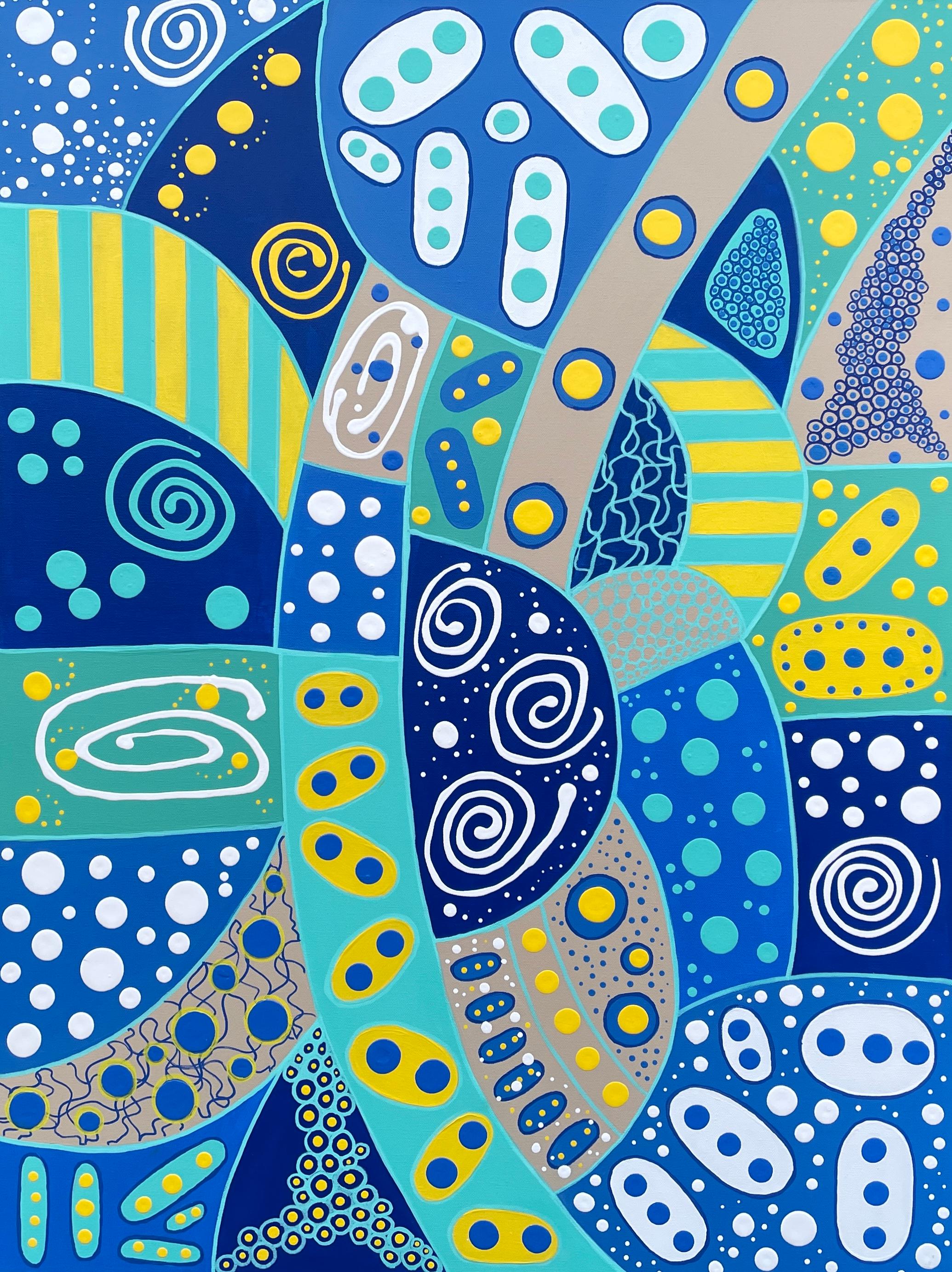'Spiral Paths' by Lori Poncsak is a vibrant exploration of abstract forms, blending a harmonious array of blue, yellow, and green hues across a 40" x 30" canvas. This artwork captivates with its dynamic composition of spirals, circles, and dotted