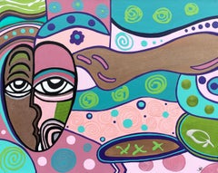 'They' di Lori Poncsak - Ritratto astratto contemporaneo in rosa, blu e verde