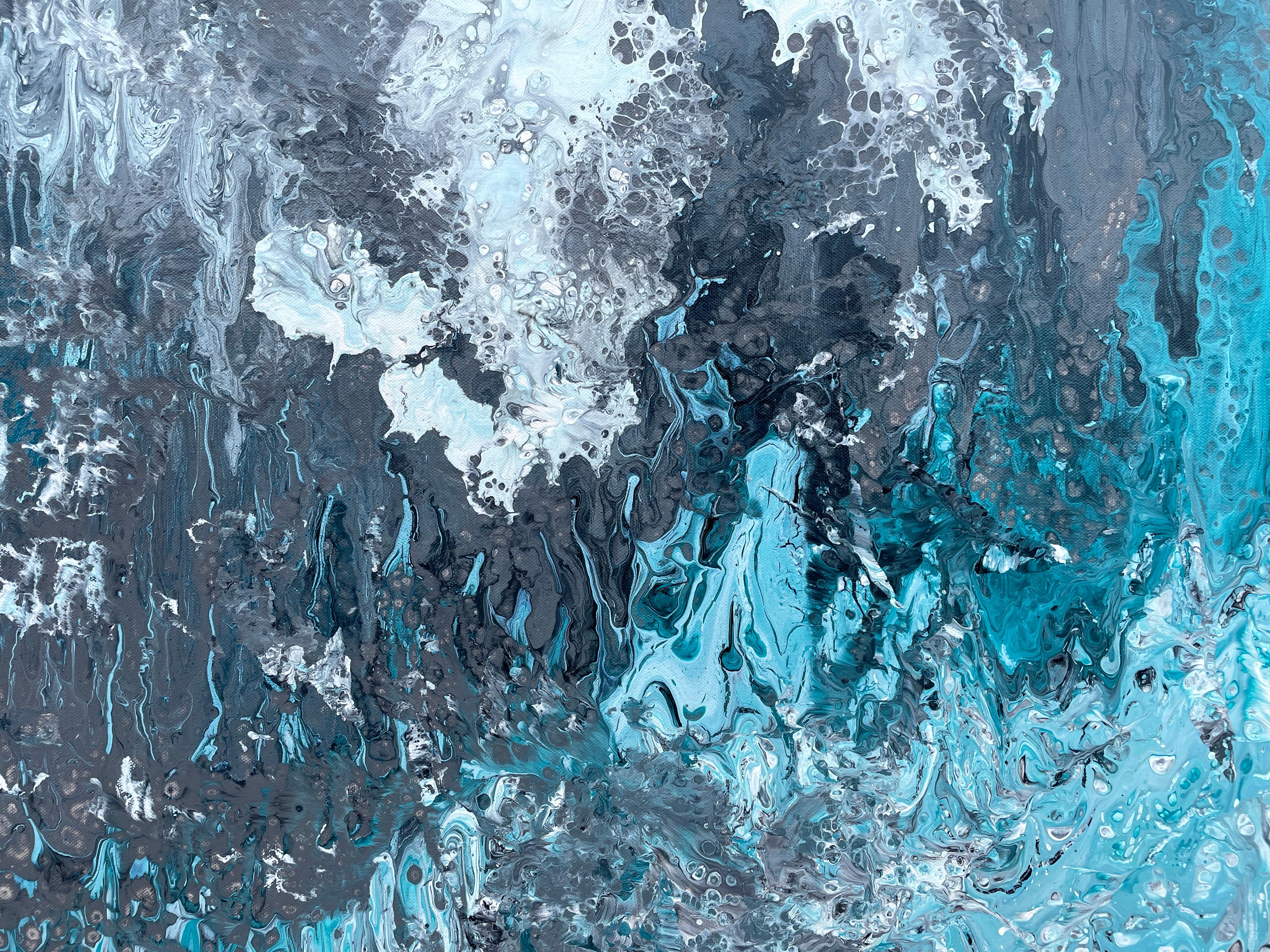 'Tumultuous Surf' by Lori Poncsak - Bright Blue and Gray Abstract Expressionism For Sale 1