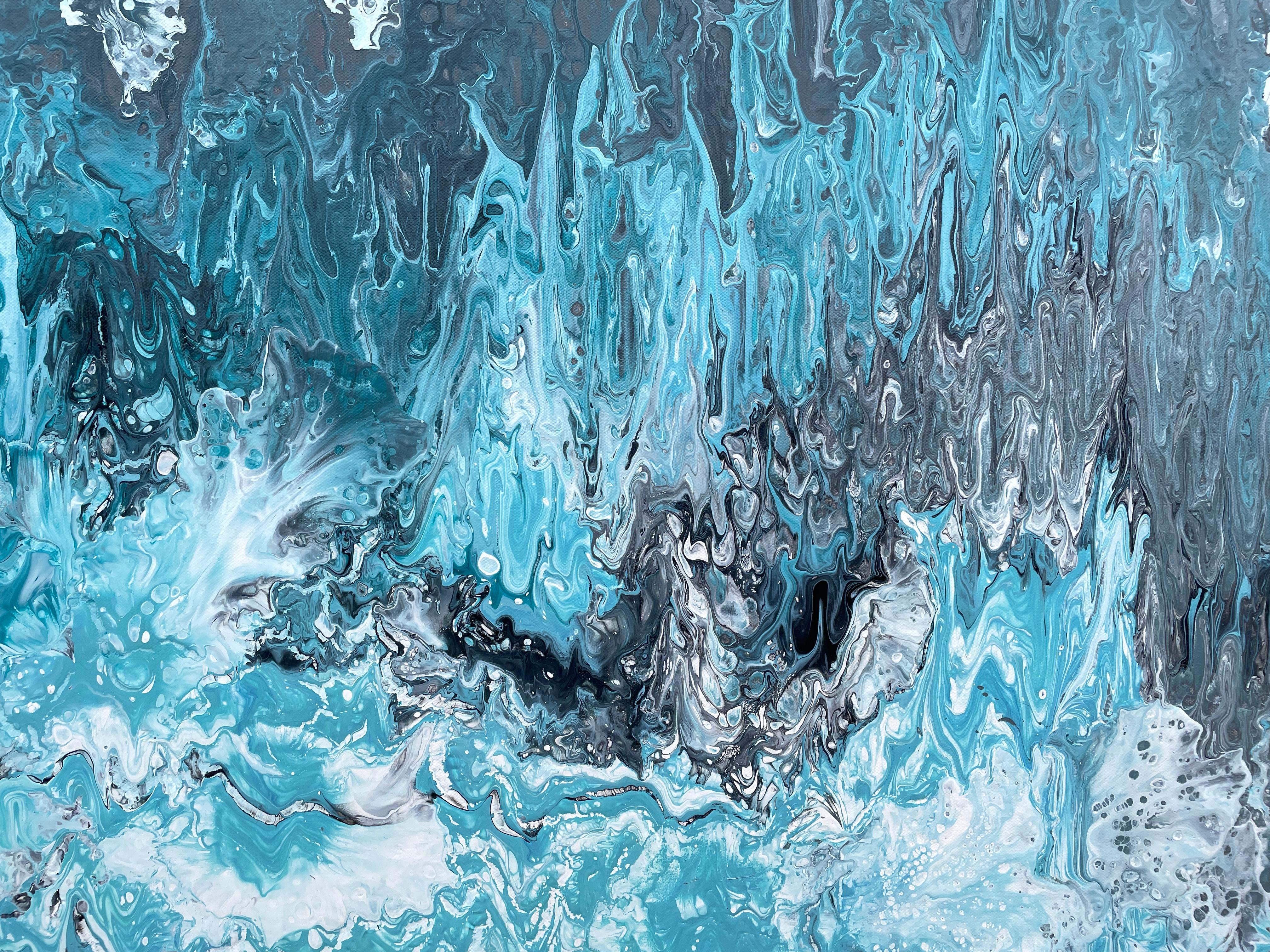 'Tumultuous Surf' by Lori Poncsak - Bright Blue and Gray Abstract Expressionism For Sale 2