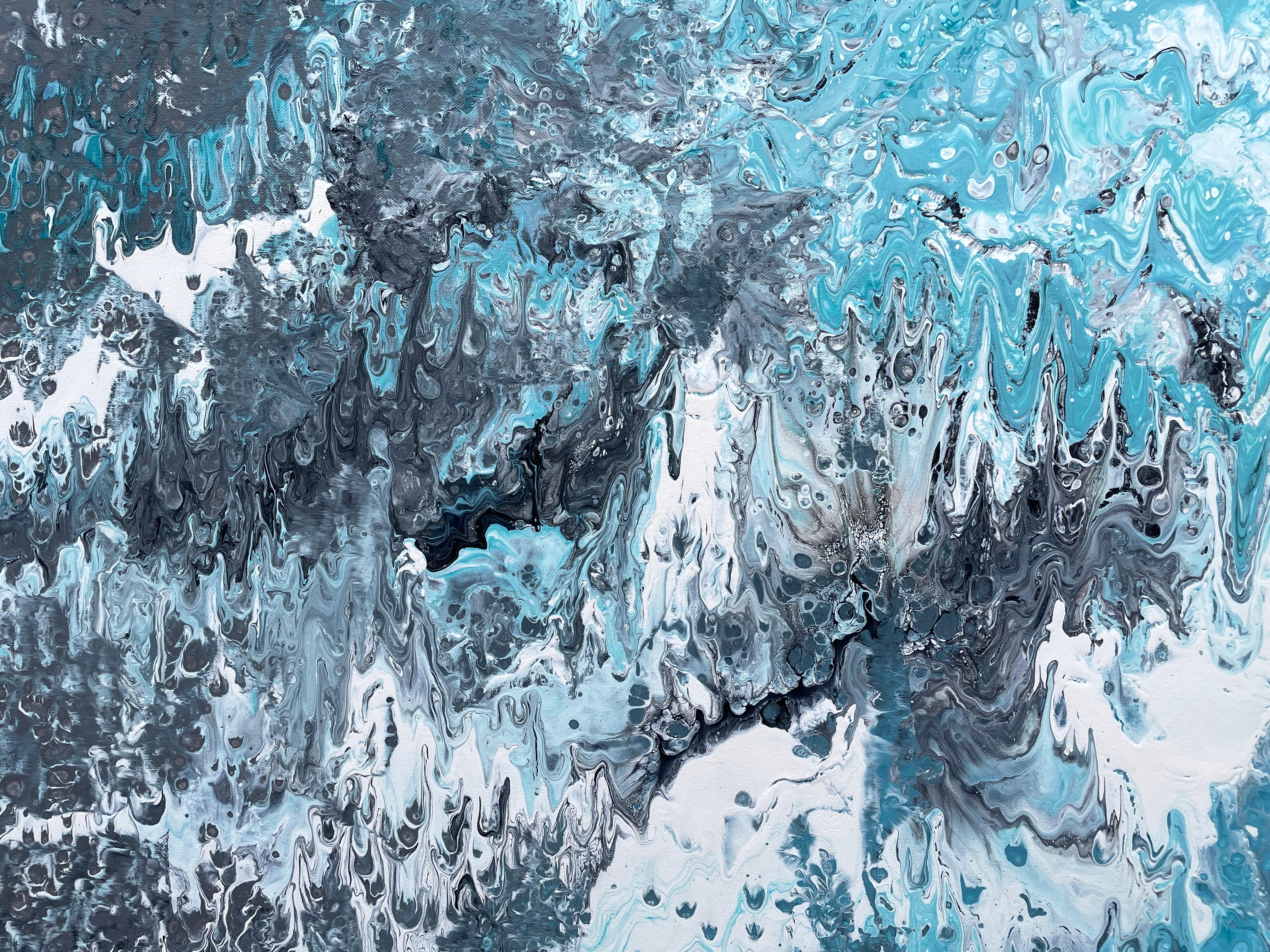 'Tumultuous Surf' by Lori Poncsak - Bright Blue and Gray Abstract Expressionism For Sale 3