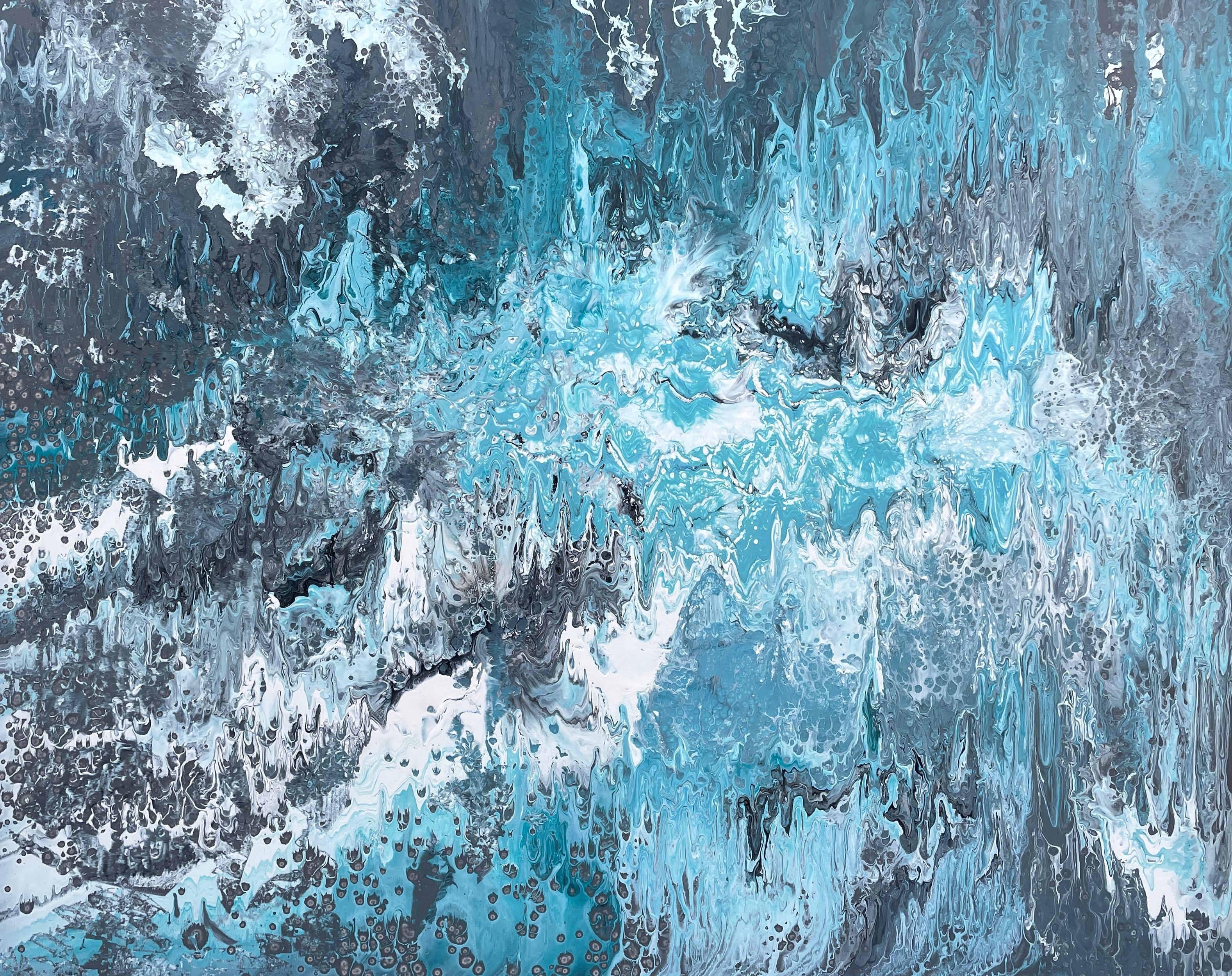 'Tumultuous Surf' by Lori Poncsak is a striking 48" x 60" abstract acrylic painting that evokes the power and chaos of the ocean. The canvas is a vibrant tapestry of turbulent blues and frothy whites, with swirls of deep gray and black that suggest