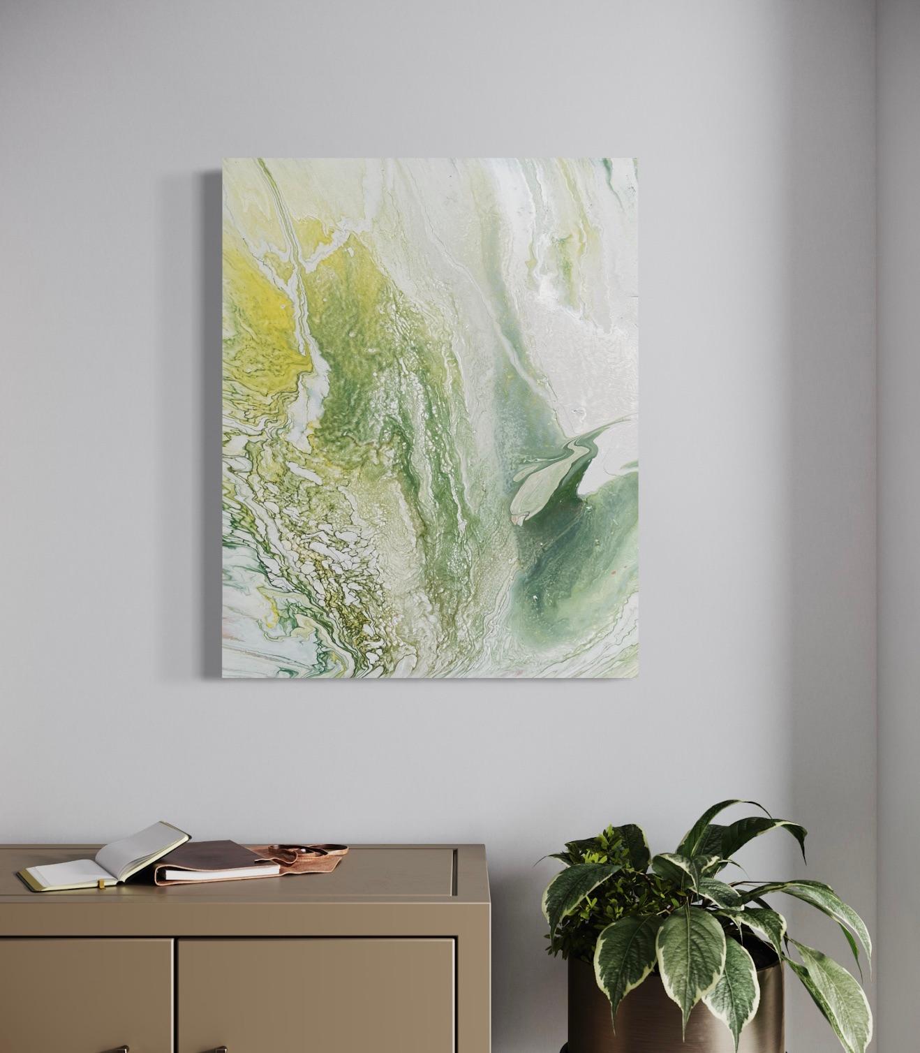Turning Tide' par Lori Poncsak - Abstrait contemporain blanc, vert et jaune en vente 1