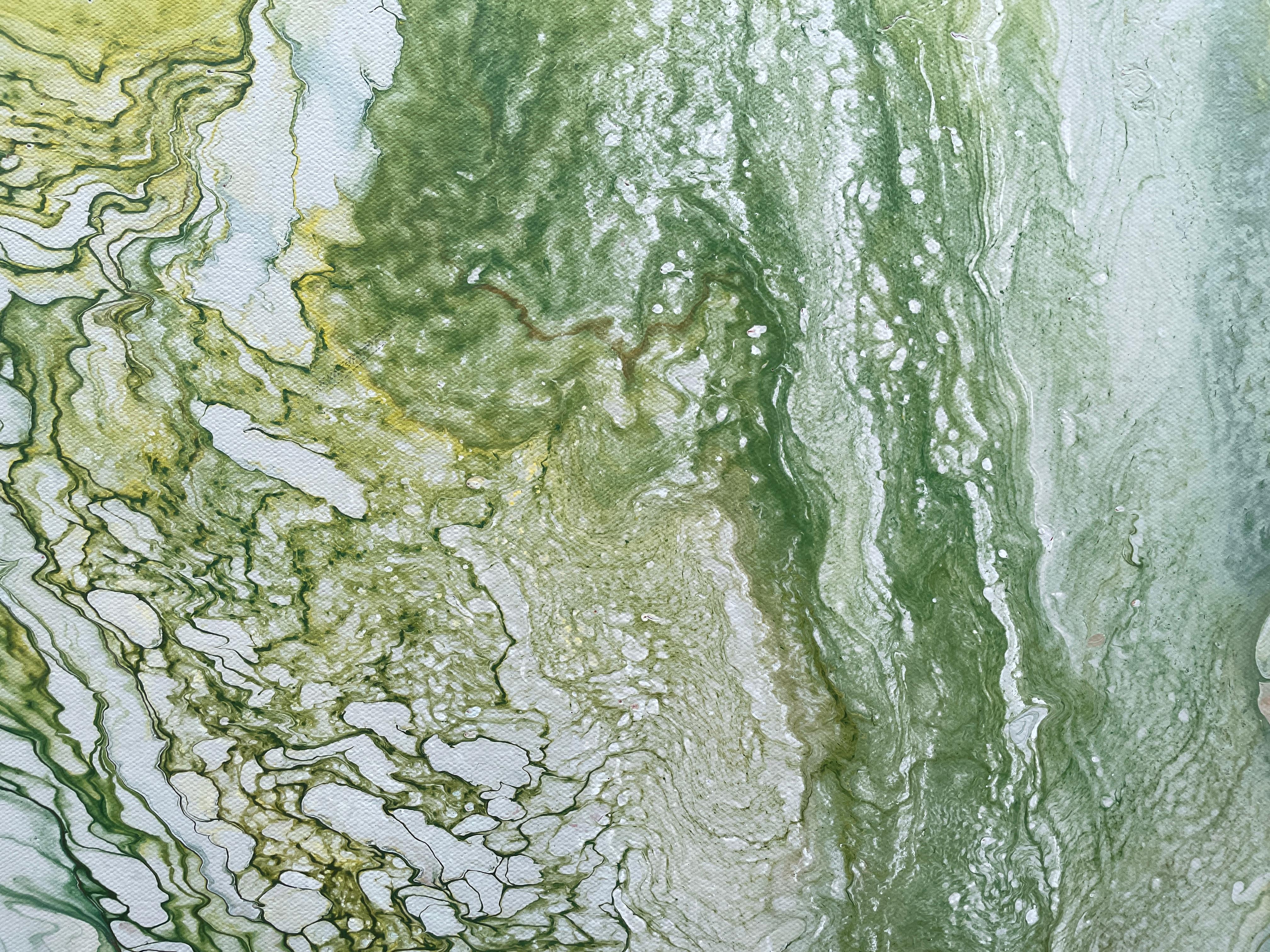 Turning Tide' par Lori Poncsak - Abstrait contemporain blanc, vert et jaune en vente 3