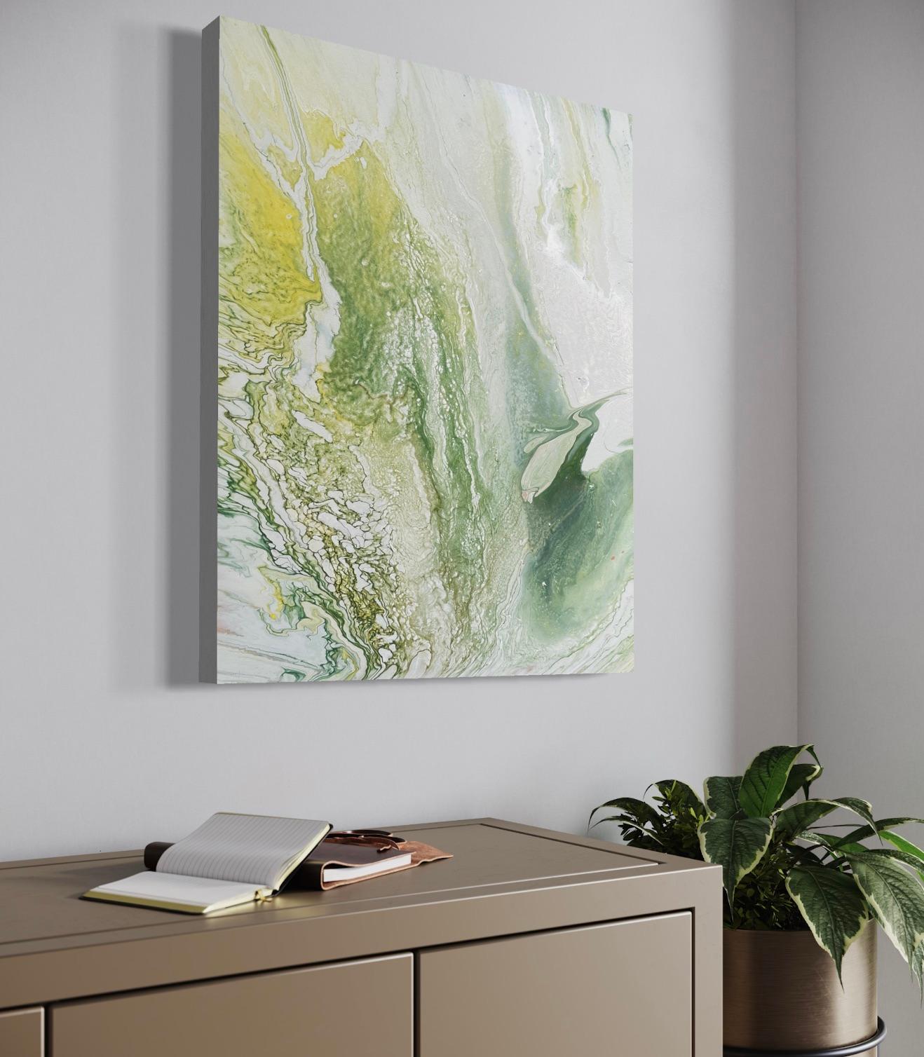 Turning Tide' par Lori Poncsak - Abstrait contemporain blanc, vert et jaune en vente 6