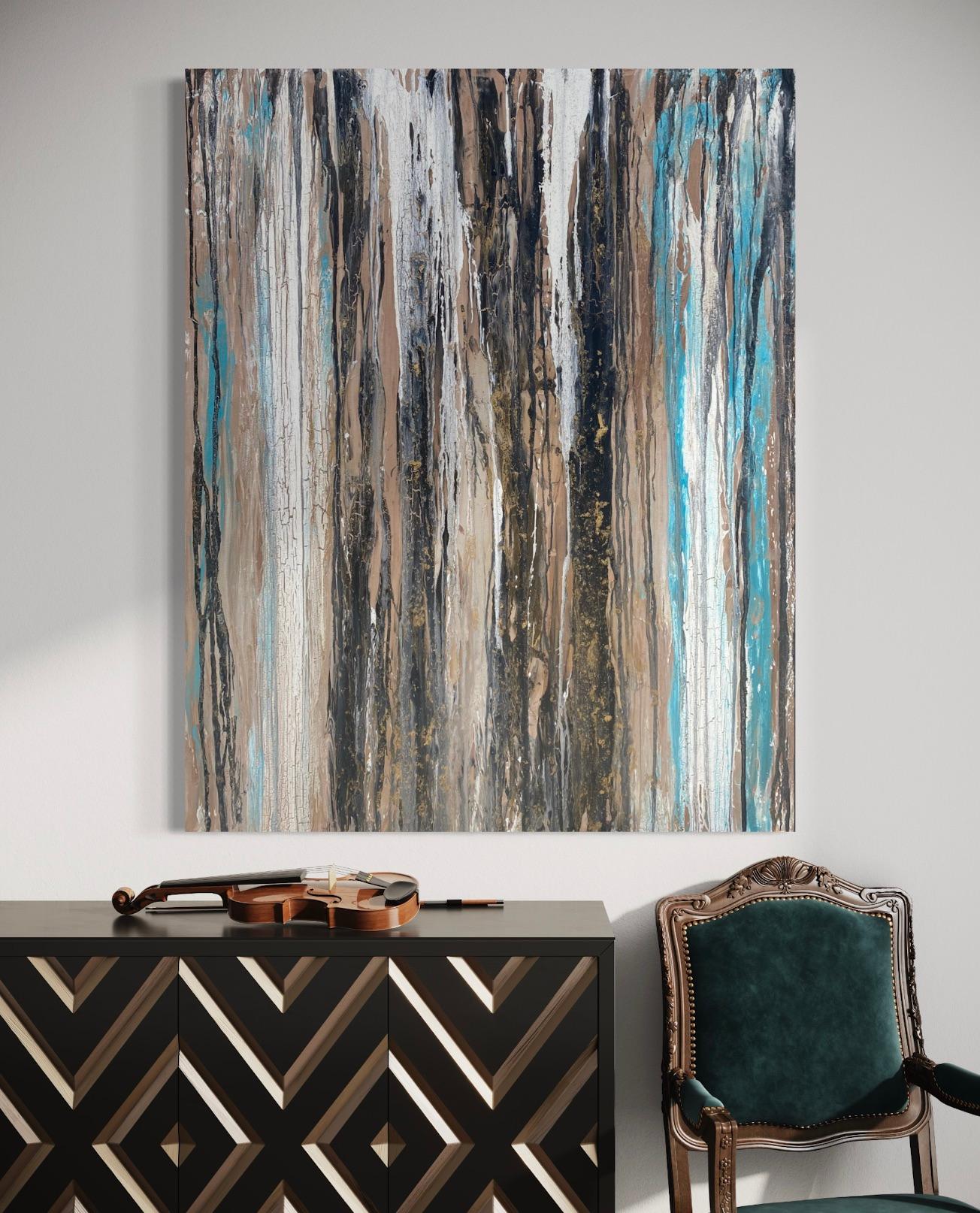 'Turquoise Bark' by Lori Poncsak - Large Abstract Acrylic Painting on Canvas For Sale 1