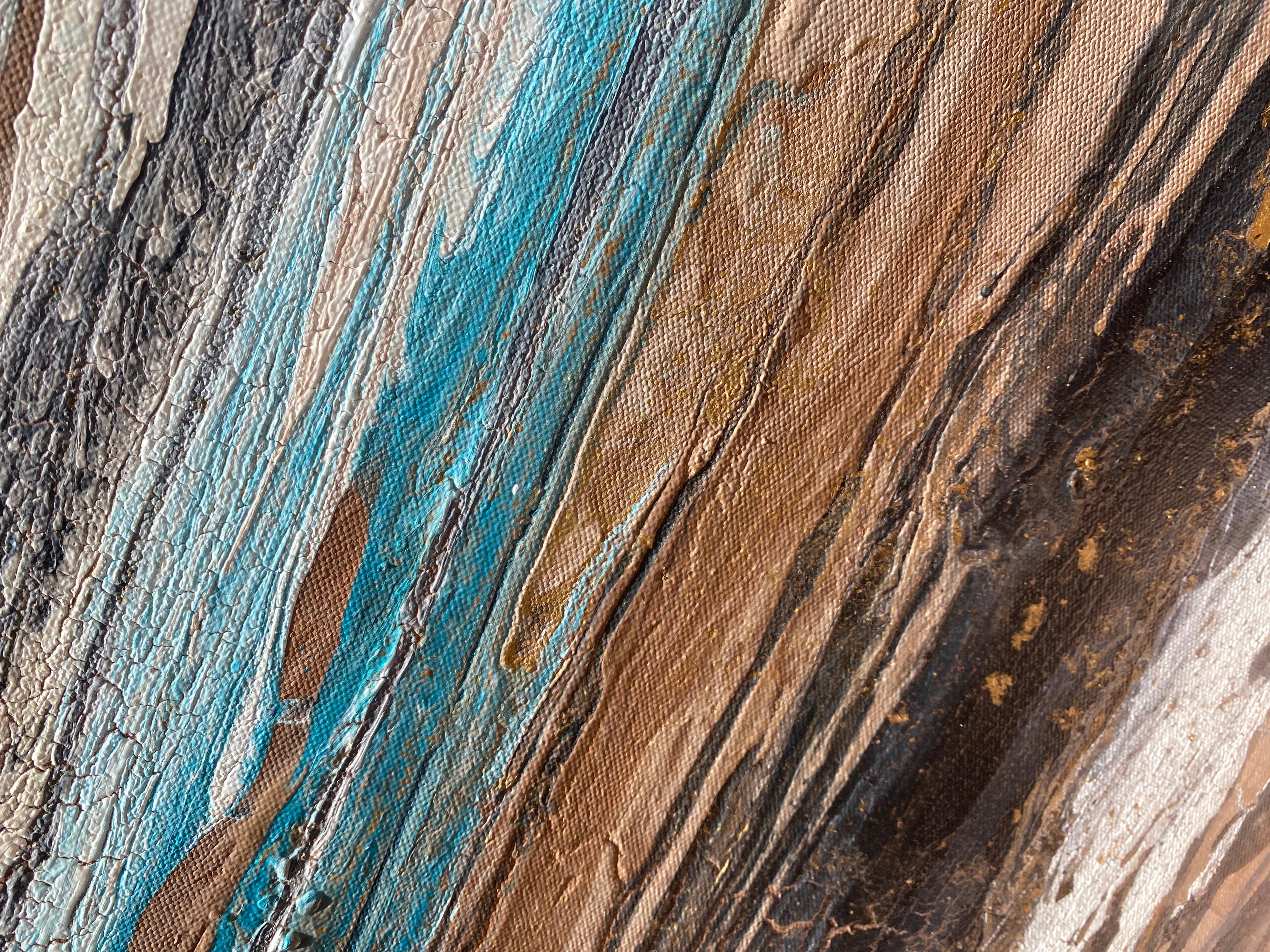 'Turquoise Bark' by Lori Poncsak - Large Abstract Acrylic Painting on Canvas For Sale 3