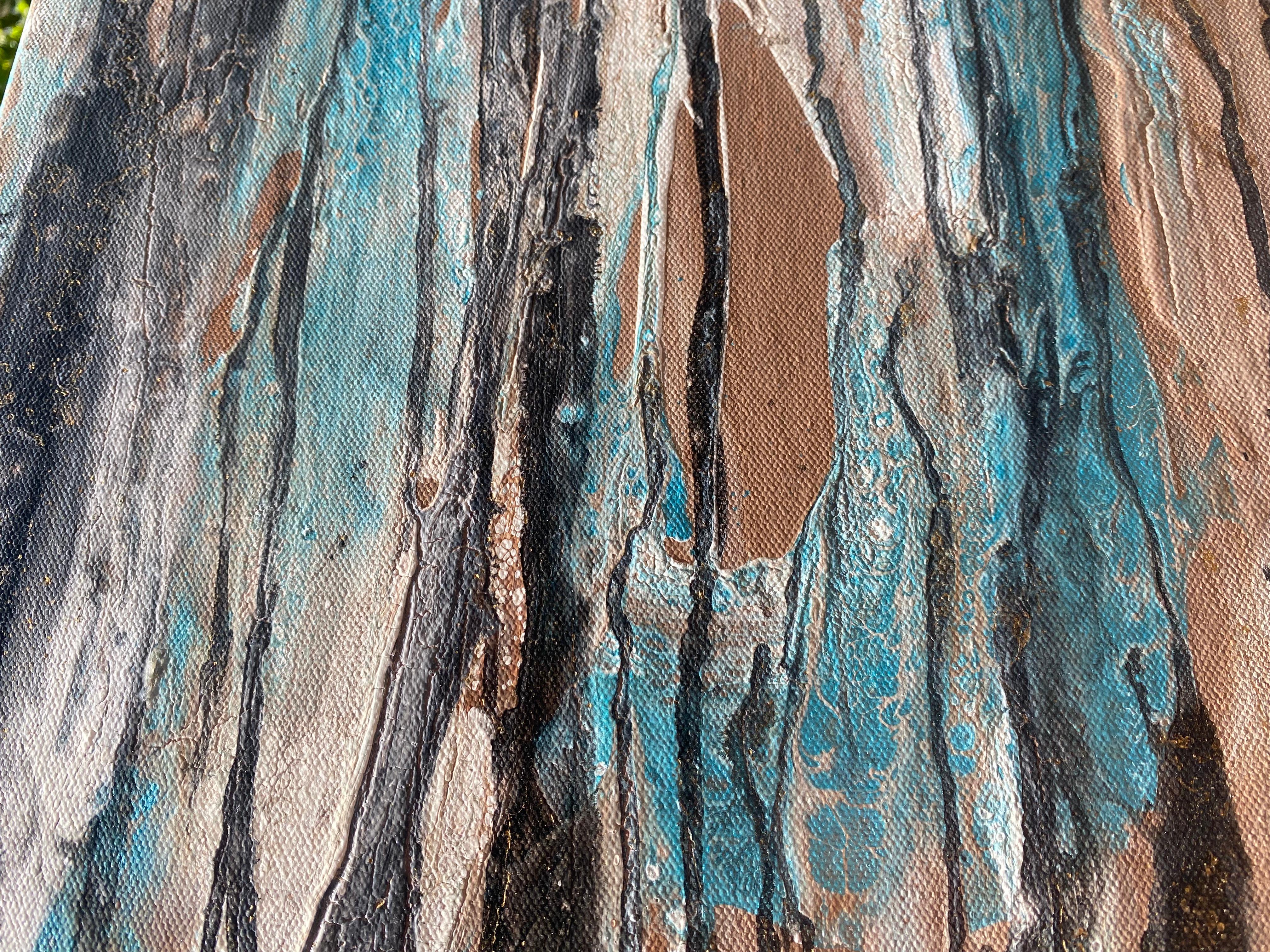 'Turquoise Bark' by Lori Poncsak - Large Abstract Acrylic Painting on Canvas For Sale 4