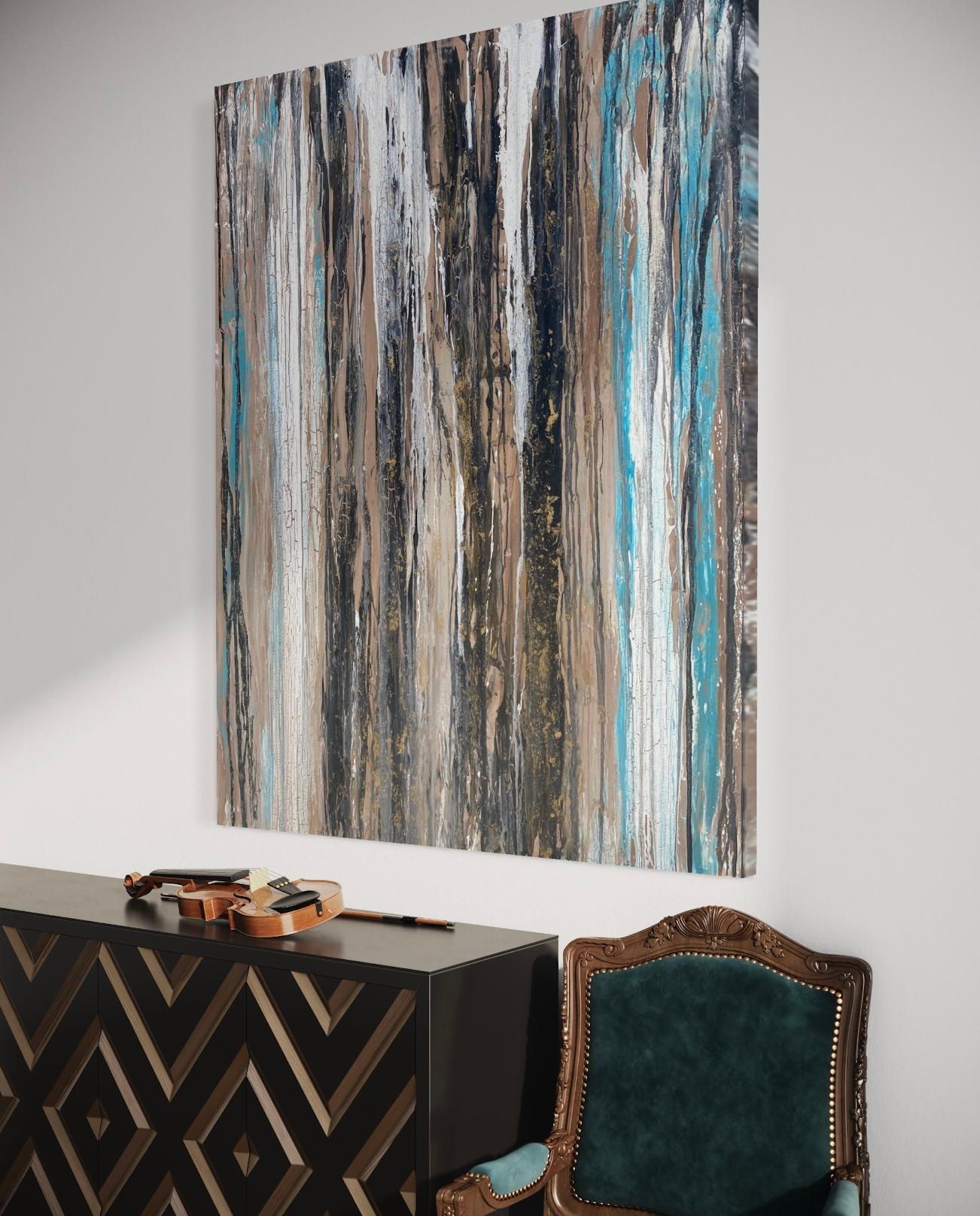 'Turquoise Bark' by Lori Poncsak - Large Abstract Acrylic Painting on Canvas For Sale 6
