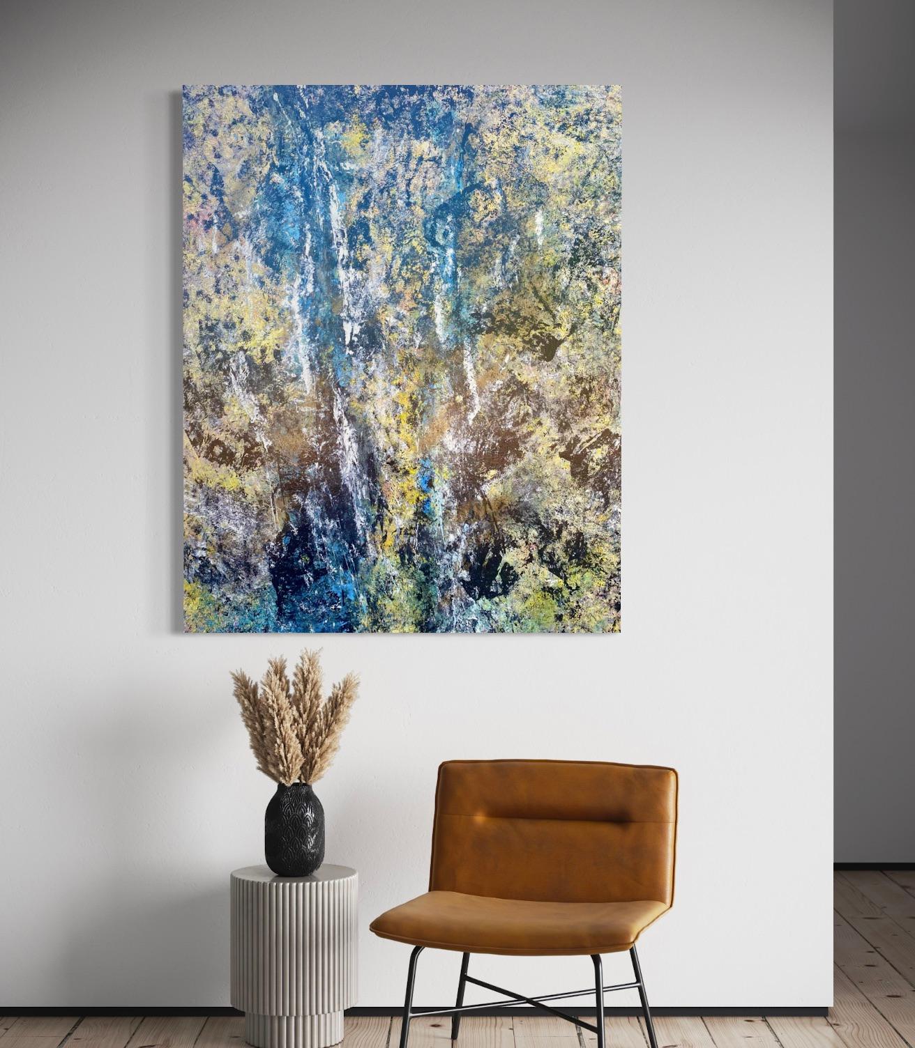'Waterfalls' by Lori Poncsak - Vibrant Contemporary Abstract in Blue and Yellow For Sale 1