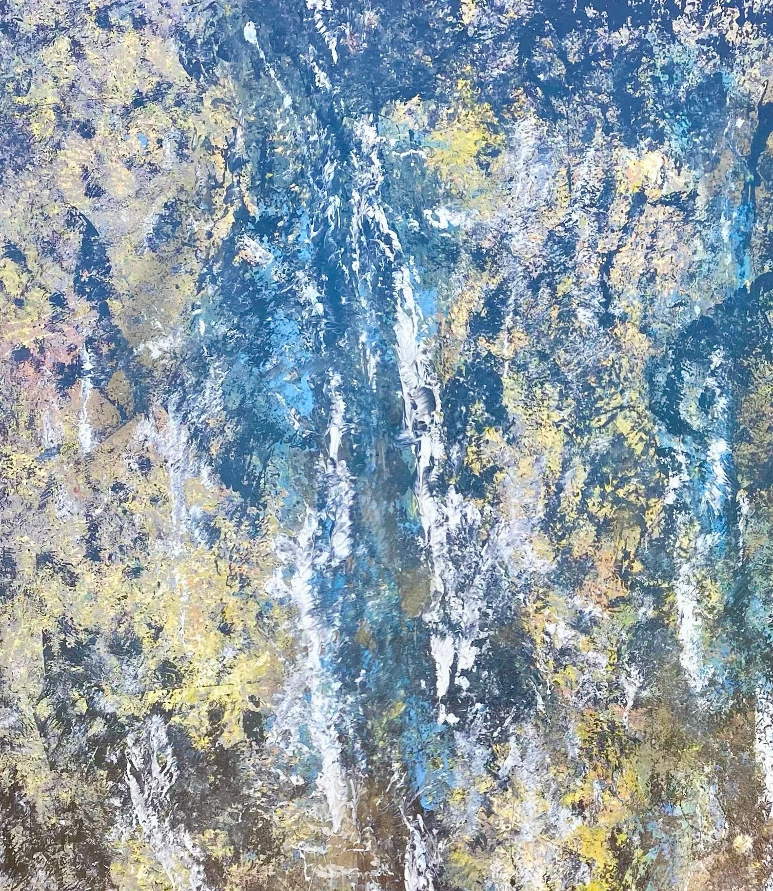 'Waterfalls' - Vibrant Contemporary Fluid Abstract Painting in Blue and Yellow For Sale 6