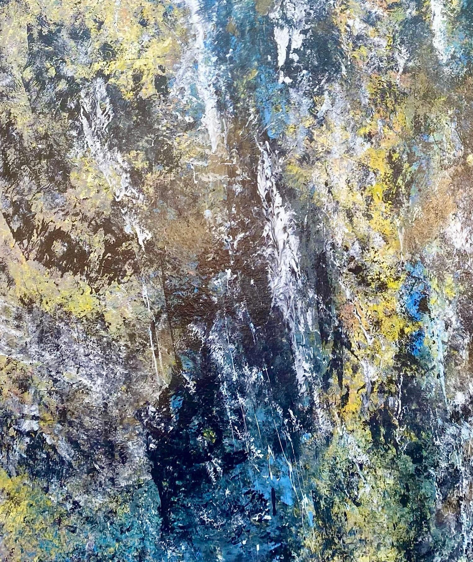 'Waterfalls' - Vibrant Contemporary Fluid Abstract Painting in Blue and Yellow For Sale 8