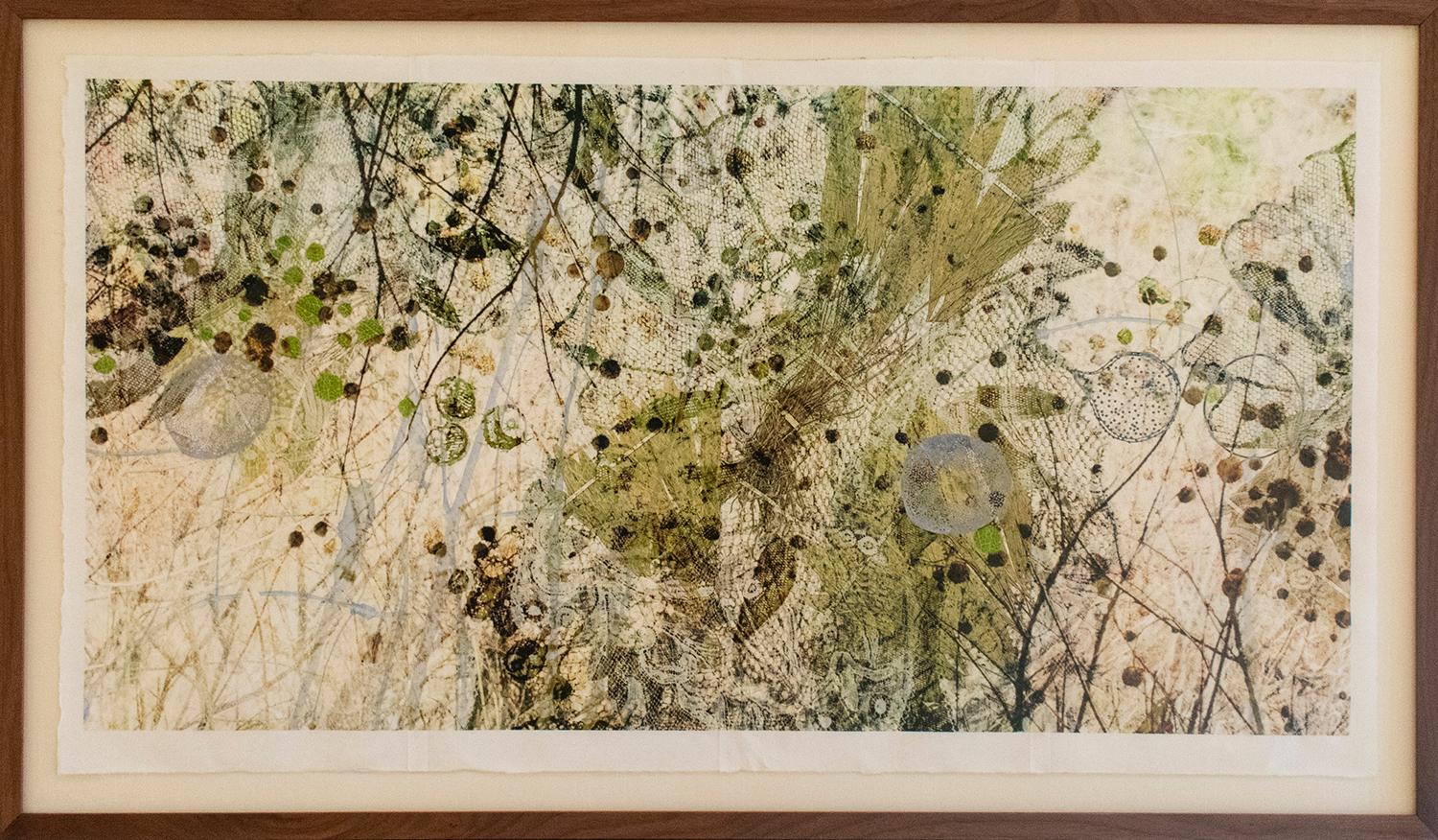 Horizontal abstracted botanical photograph in earthy shades of green, beige, brown
pigment print on mulberry paper, edition of 5
27 x 50 inches unframed, 31.5 x 55 x 1 inches in natural wood frame with non-reflective glass and wiring 

Lori Van