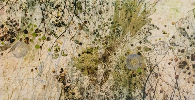 Horizontal abstracted botanical photograph in earthy shades of green, beige, brown
pigment print on mulberry paper, edition of 5
27 x 50 inches unframed, 31.5 x 55 x 1 inches in natural wood frame with non-reflective glass and wiring 

Lori Van