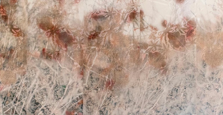 Abstracted landscape of flowers in a field in pastel tones and details of lush burgundy 
"Stained Silk (Delusional Flowers)" by Lori Van Houten
pigment print on mitsumata paper, edition of 5
26 x 49 inches unframed, 30 x 54.5 x 2 inches in light