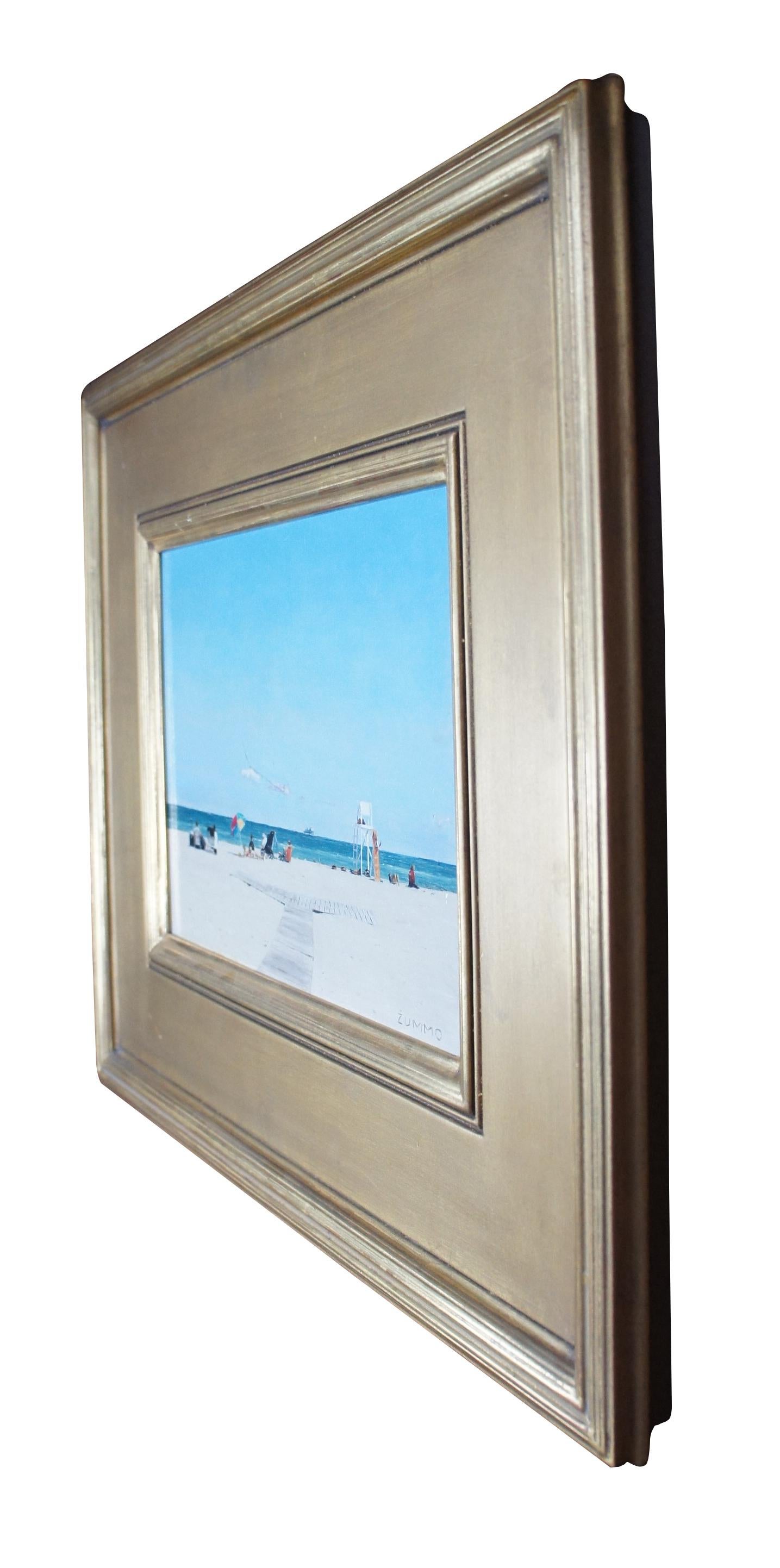 Vintage Lori Zummo Nantucket landscape / seascape oil painting on board titled Jetties Afternoon.

Provenance:
Estate of J. Frederic Gagel, owner of multiple Thoroughbred race horses that competed in the Narragansett Special and Kentucky Derby.