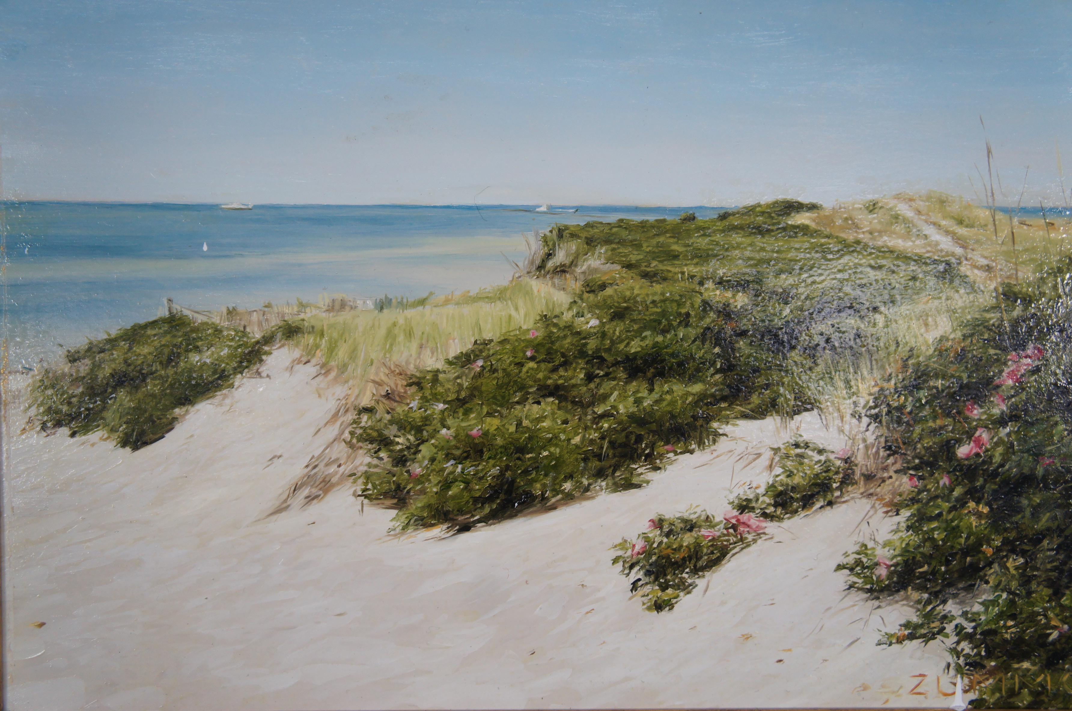 20th Century Lori Zummo Steps Beach Dunes Nantucket Seascape Oil on Board Painting For Sale