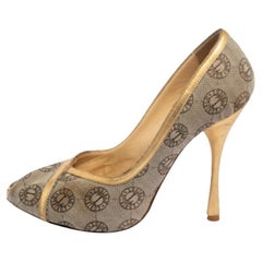 Loriblu Beige Canvas Monogramm Peep Toe Pumps Größe 38