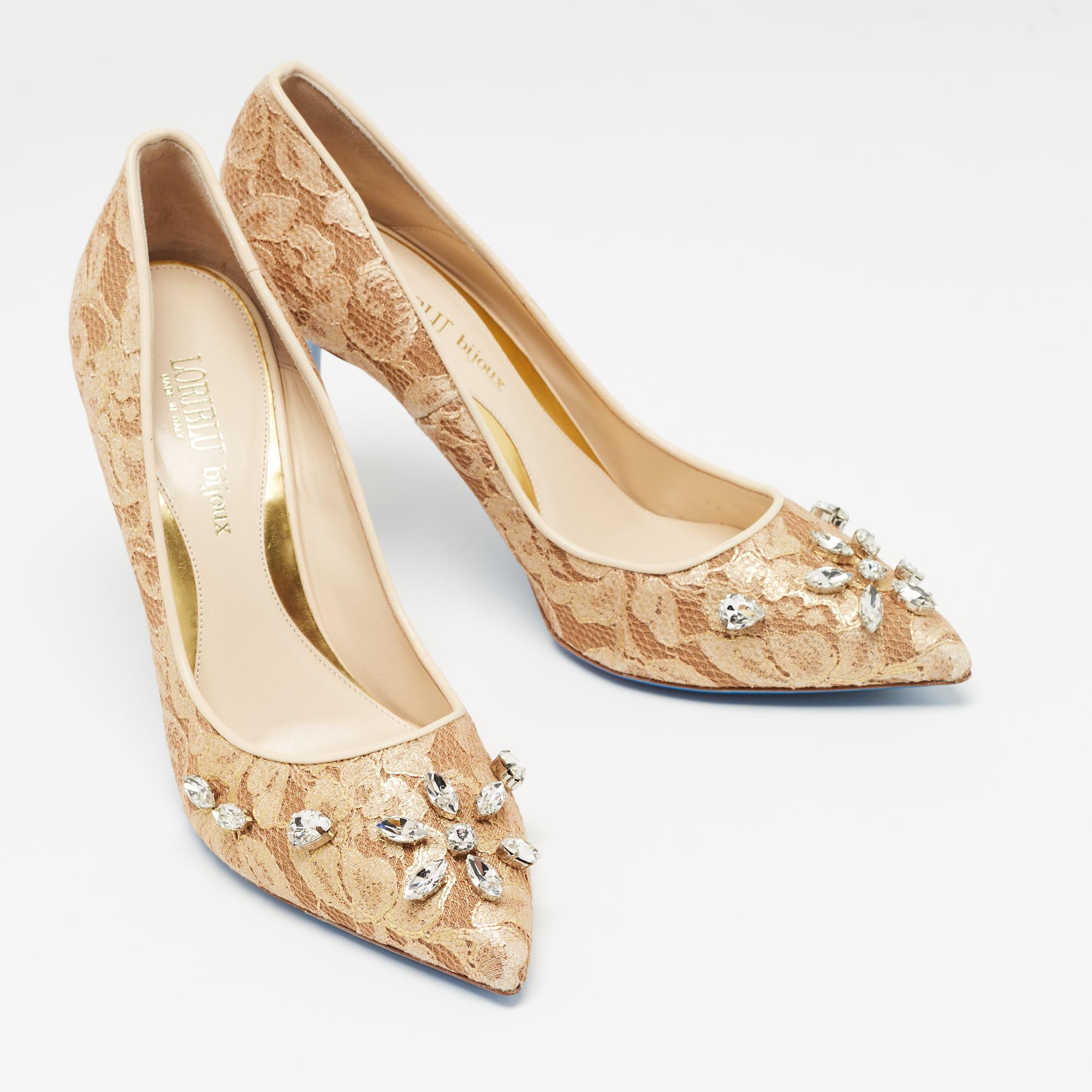 Women's Loriblu Beige Lace Crystals Embellished Pumps Size 40 For Sale